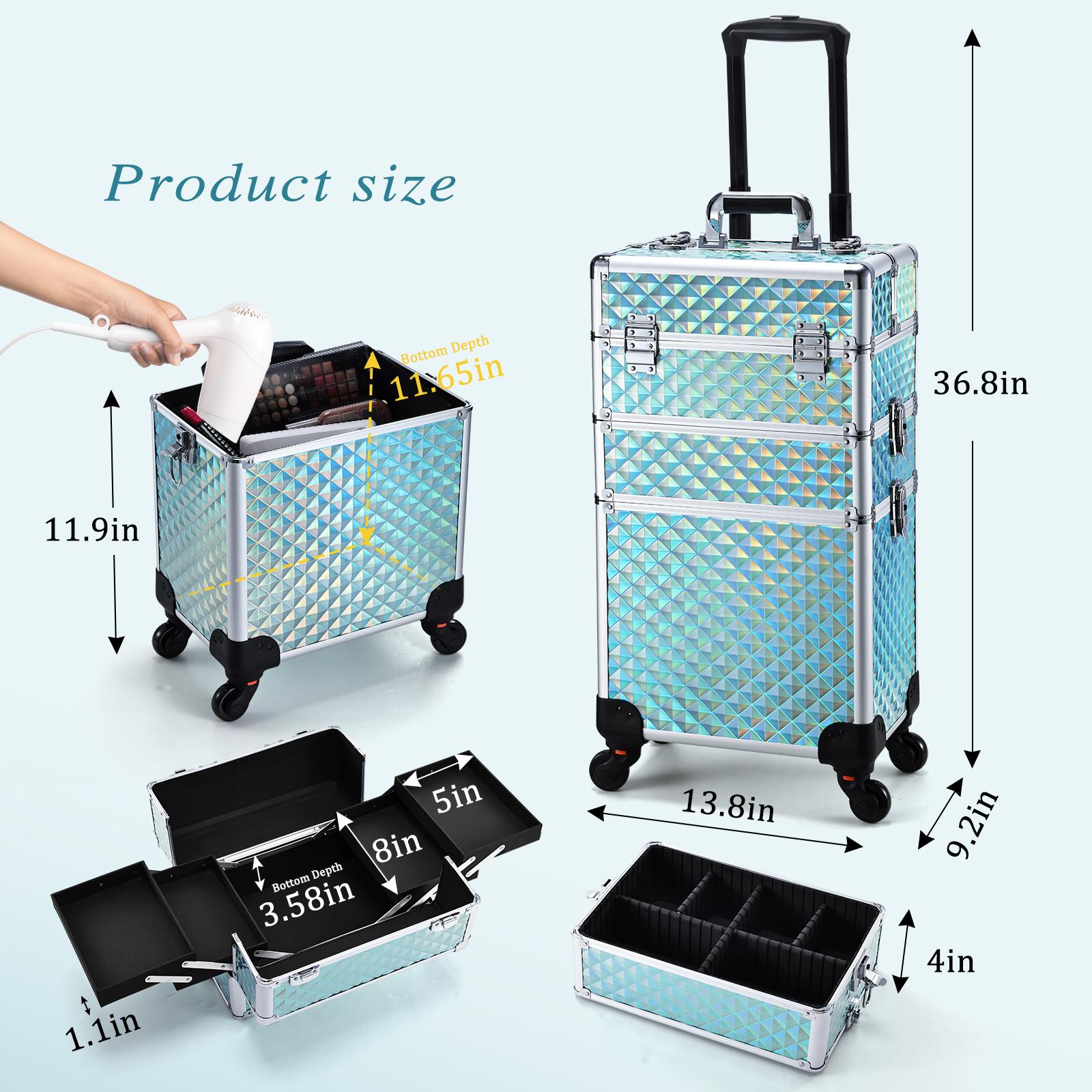 3 in 1 Rolling Makeup Train Case Large Cosmetic Trolley Salon Barber Case for Make Up Hairstylists Nail Tech Aluminum Makeup Trolley Case