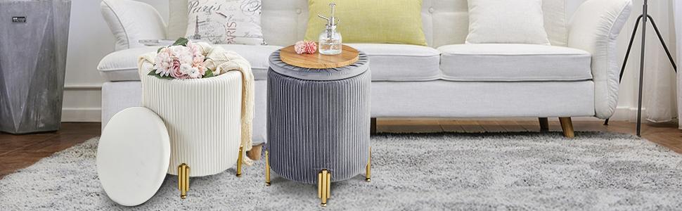 Round Ottoman Foot Stool with Storage and Metal Legs for Living Room Bedroom, Velvet Upholstered Footrest Stool Support 300lbs Modern Padded Seat Ottoman Coffee Table, Autumn, Winter, Warm