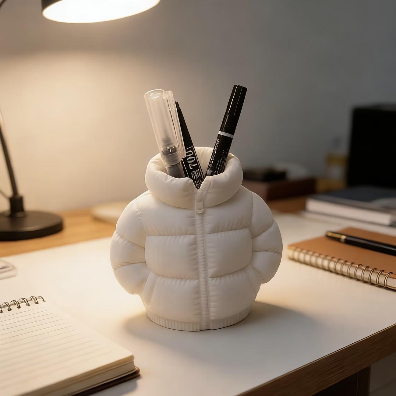Cute Down Jacket-Shaped Pen Holder & Desktop Organizer, 3D Printed Novelty Coaster Set, Classroom, Home Office Desk Decoration