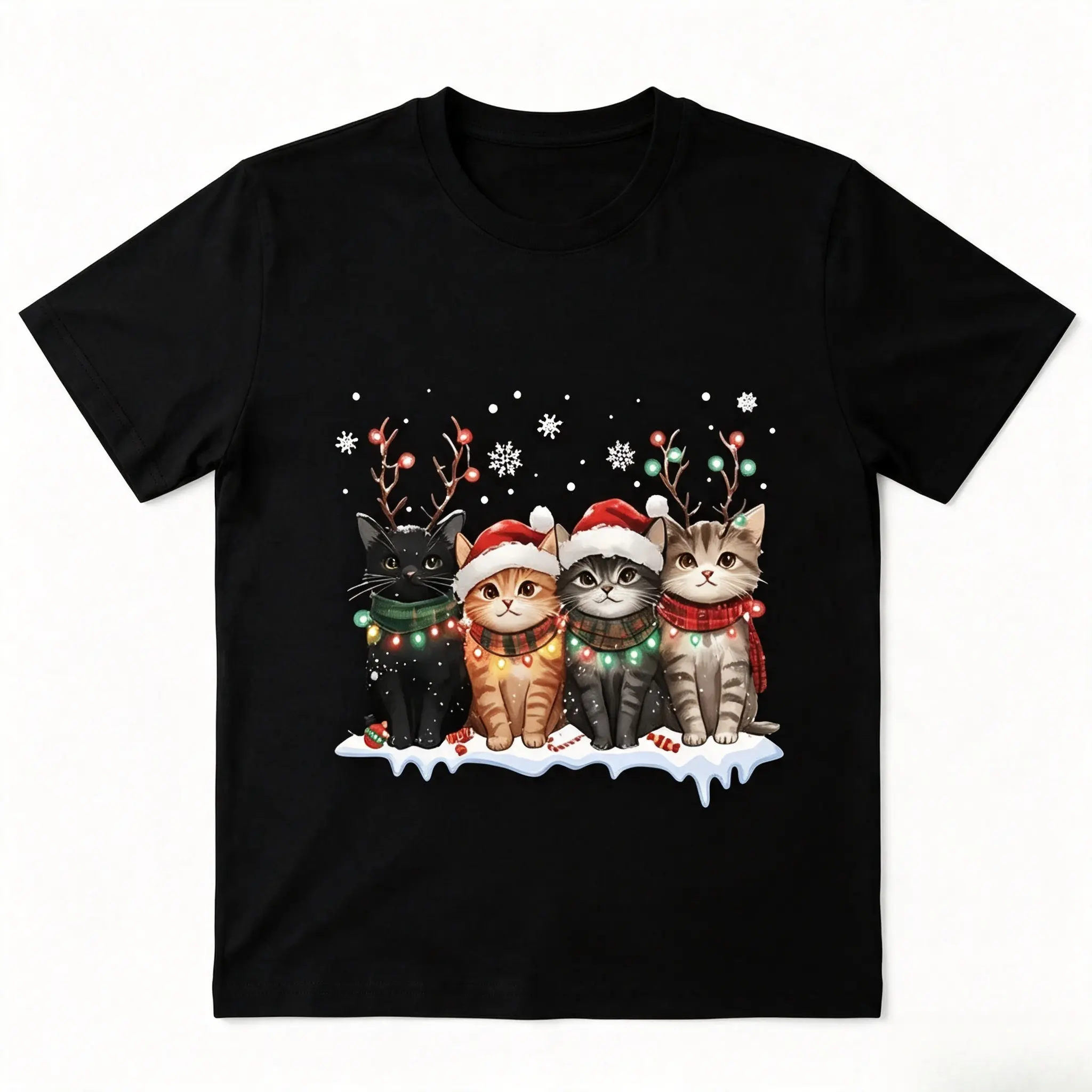 Christmas Cute Winter Santa Cats Reindeer Antlers Graphic Cotton T-Shirt, Oversized Comfort Fashion Outfit, Snow Holiday Casual Top, Perfect Valentine's Day Holiday Gift for Lovers, Family, Friends For Him Her