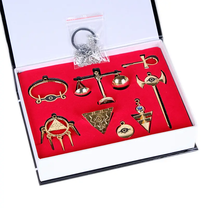 Yu‑Gi‑Oh Millennium Items 8Pcs Full Set Metal Necklace Keychain Gift Box Millennium Puzzle Rod Scale Ring Anime Collectible Cosplay Prop for YuGiOh Fans friendship attachment kawaii bag accessory retractable