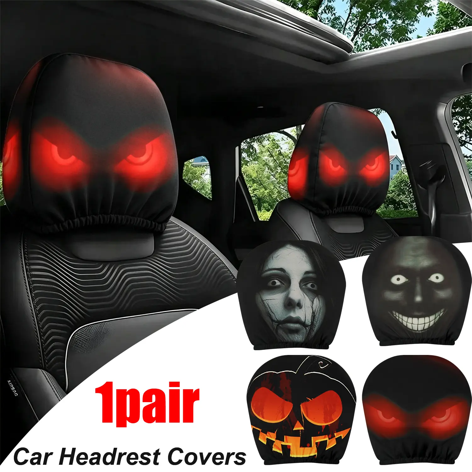 2PCS Universal Car Headrest Covers, Dark Horror,Halloween Style Car Interior Seat Decor,for Daily Commute & Auto Decoration,Great Gift for Car Lovers, Car Accessories