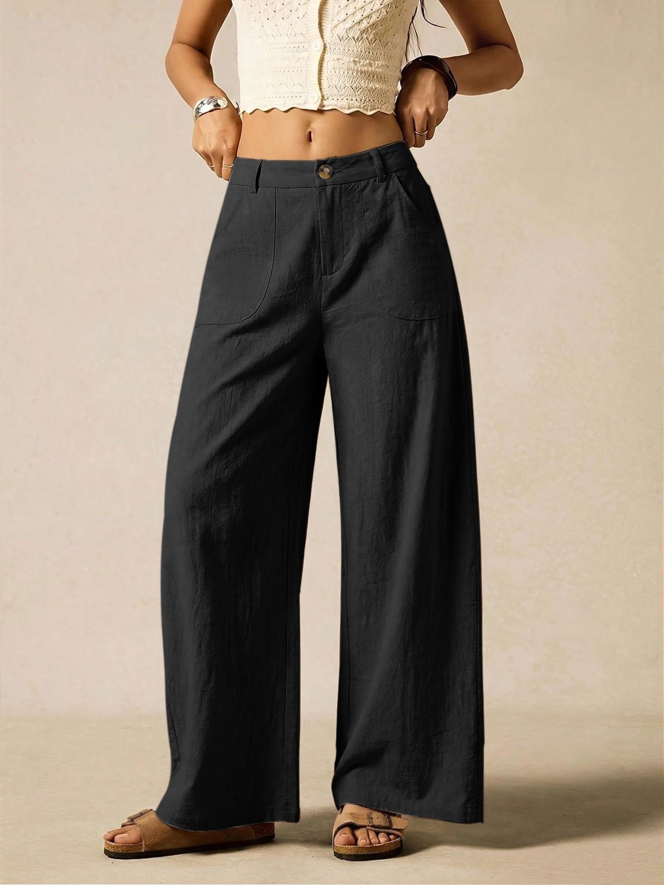 Women's Summer Linen Breathable Lightweight Palazzo Pants Flowy Wide Straight Leg Beach Trousers, Button Pocket Trousers, With Pocket Casual Solid Color Soft Elastic High Waist Travel Vacation Date Brunch Home Work Street wear Women's Summer Linen Breathable Lightweight Palazzo Pants Flowy Wide Straight Leg Beach Trousers, Button Pocket Trousers, With Pocket Casual Solid Color Soft Elastic High Waist Travel Vacation Date Brunch Home Work Street wear