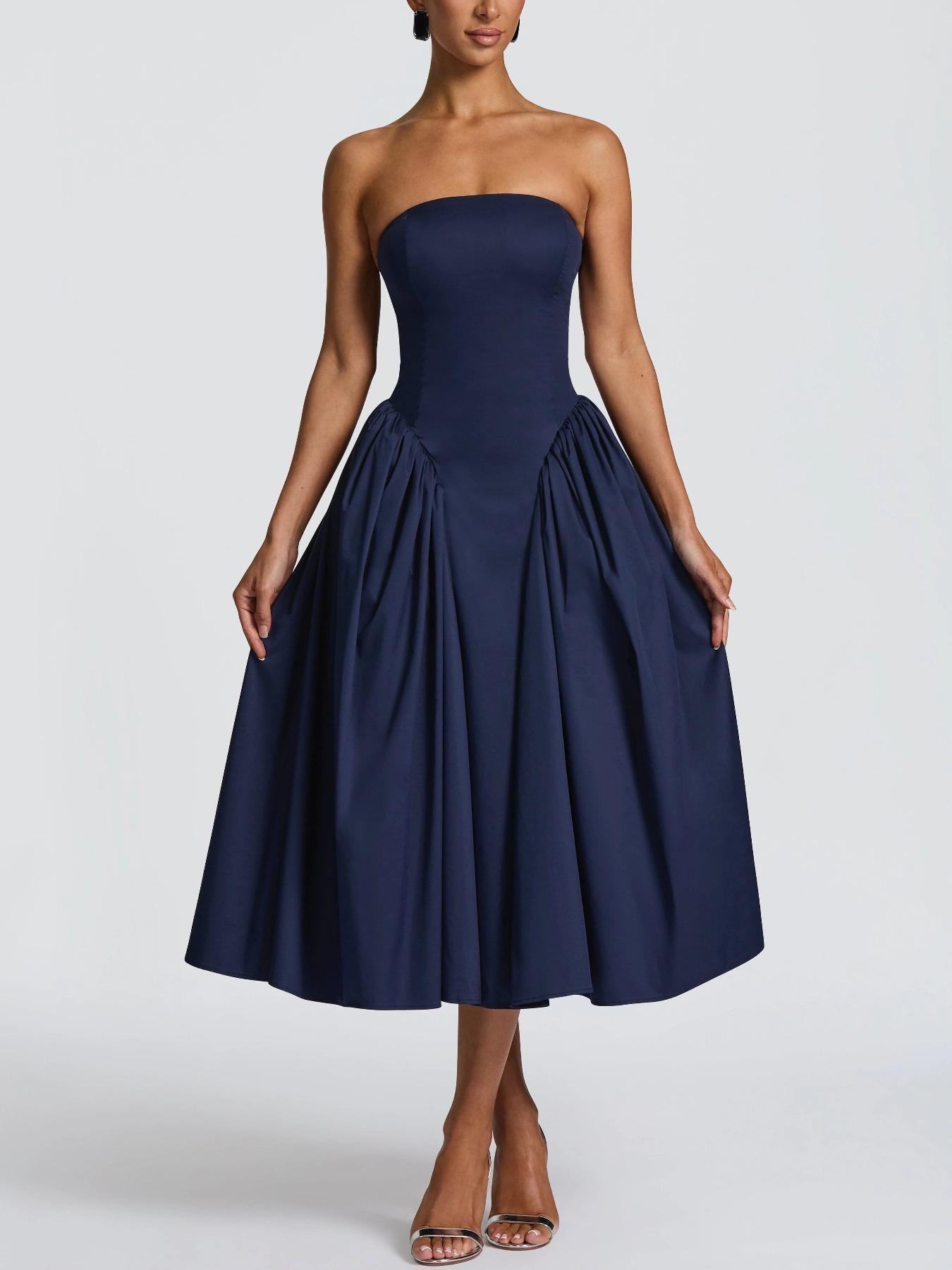 Elegant Midi Plain Color Strapless Dress for Women, Chic and Sophisticated Design for Special Occasions, Stylish Party Dress