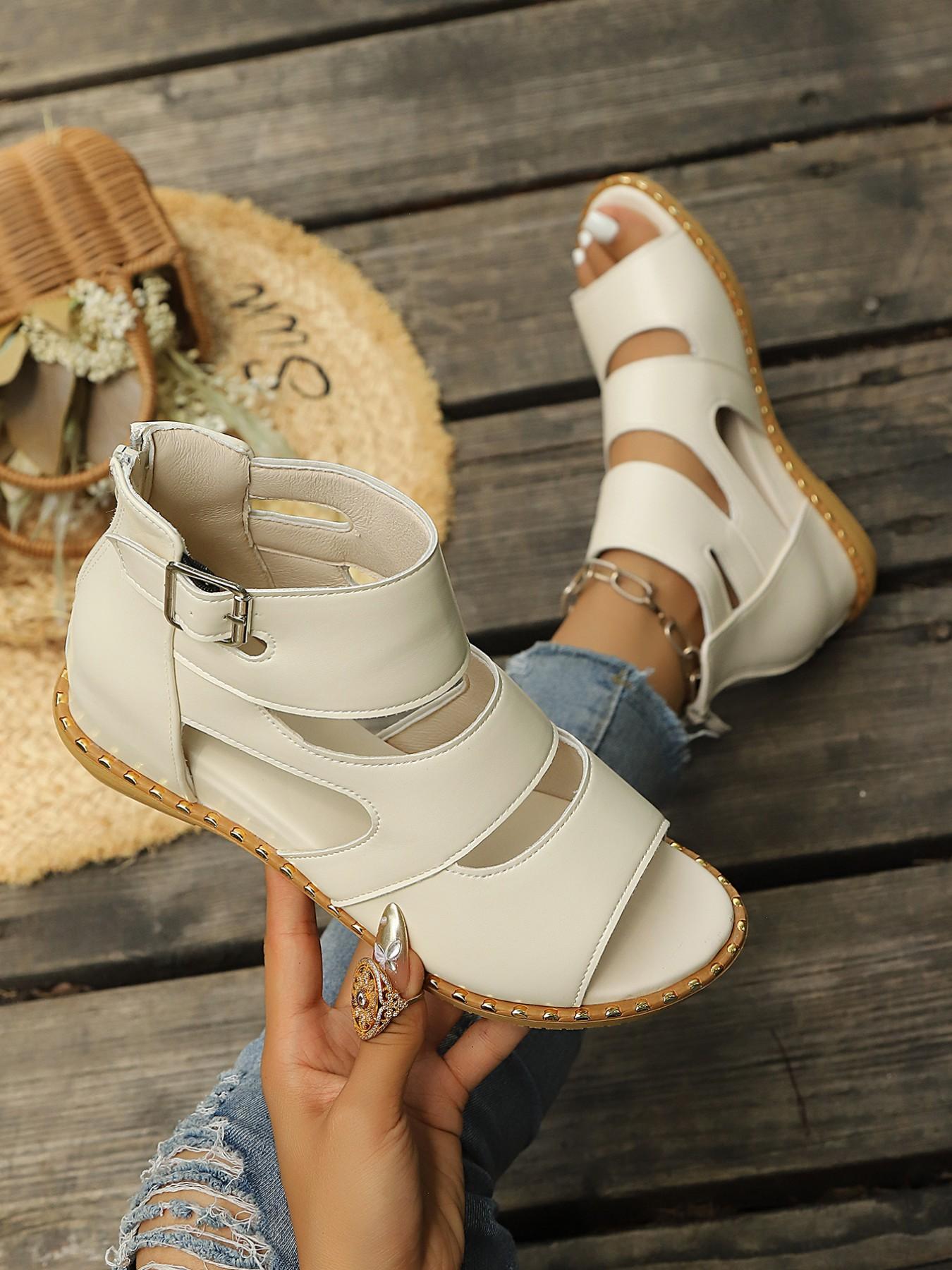 Summer Roman Wedge Sandals for Women, Dressy Open Toe with Back Zipper, Cutout Design, Thick Sole, Rivet Detail, Versatile Women's Sandals, Embellished Sandals