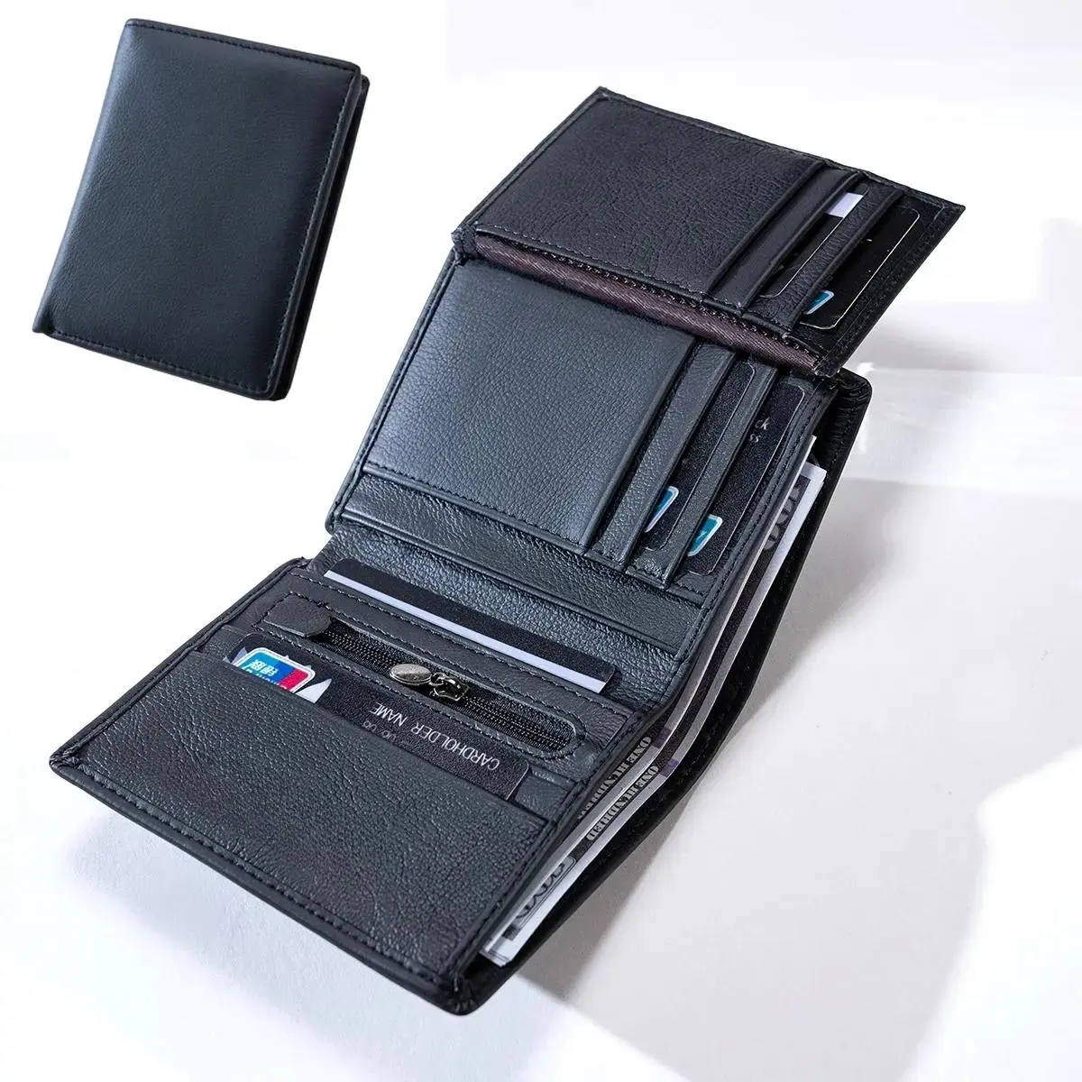 Men's Vintage Vertical Fold Leather Wallet - RFID Blocker, Zippered Coin Pocket, Multi-Card Slots Card Holder for Daily Business Casual Use
