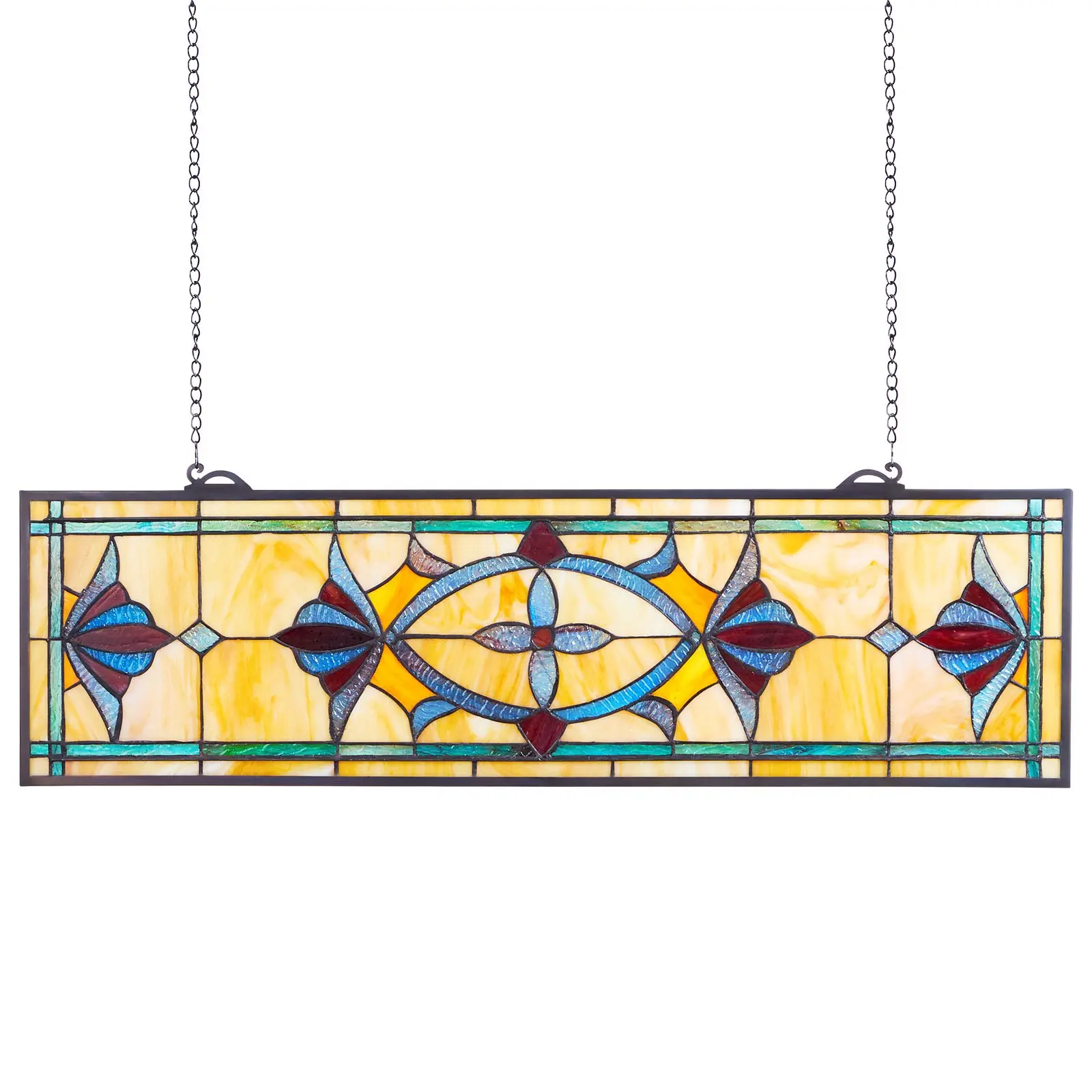 VEVOR Stained Glass Window Panel, 32x 10 in, Tiffany Style Hanging Transom Window Panel with Chain, Large Horizontal Rectangle Stain Glass, Vintage Traditional Art Handcrafts for Kitchen Home Decor