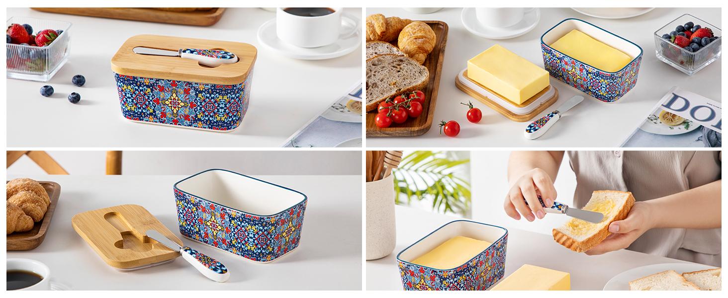 vancasso SIMI Butter Dish with Lid, 6.5" Large Butter Dish for Countertop, Bohemian Ceramic Butter Keeper Container with Knife and Bamboo Lid, Butter Holder for Counter vancasso SIMI Butter Dish with Lid, 6.5" Large Butter Dish for Countertop, Bohemian Ceramic Butter Keeper Container with Knife and Bamboo Lid, Butter Holder for Counter