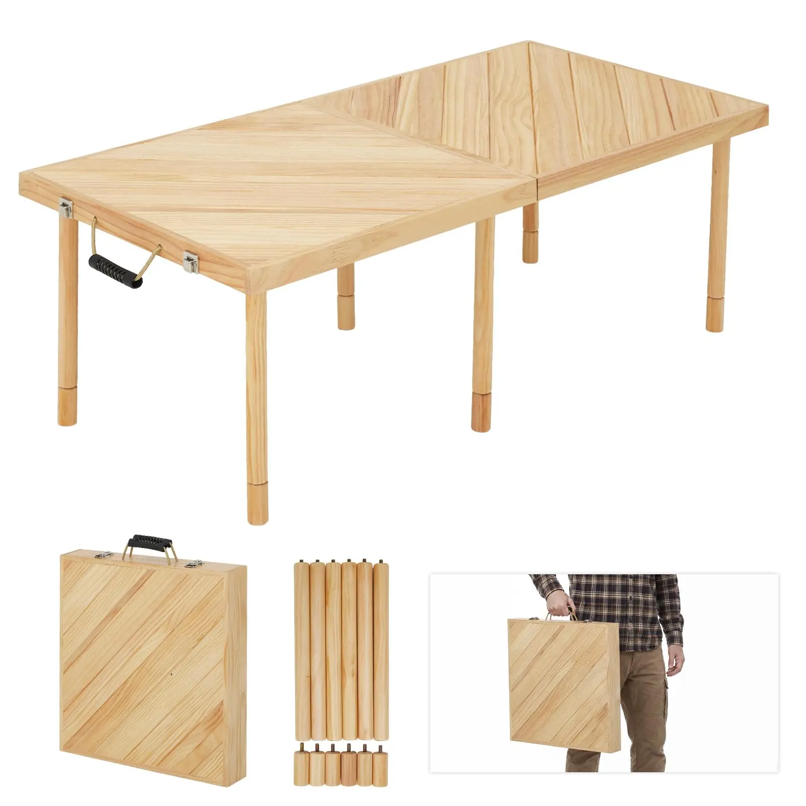 Portable Outdoor Folding Picnic Table, 44 x 22 in Wood Top - Adjustable Height - Lightweight Compact - Sturdy Construction - Easy Setup - Built-In Carry Handles