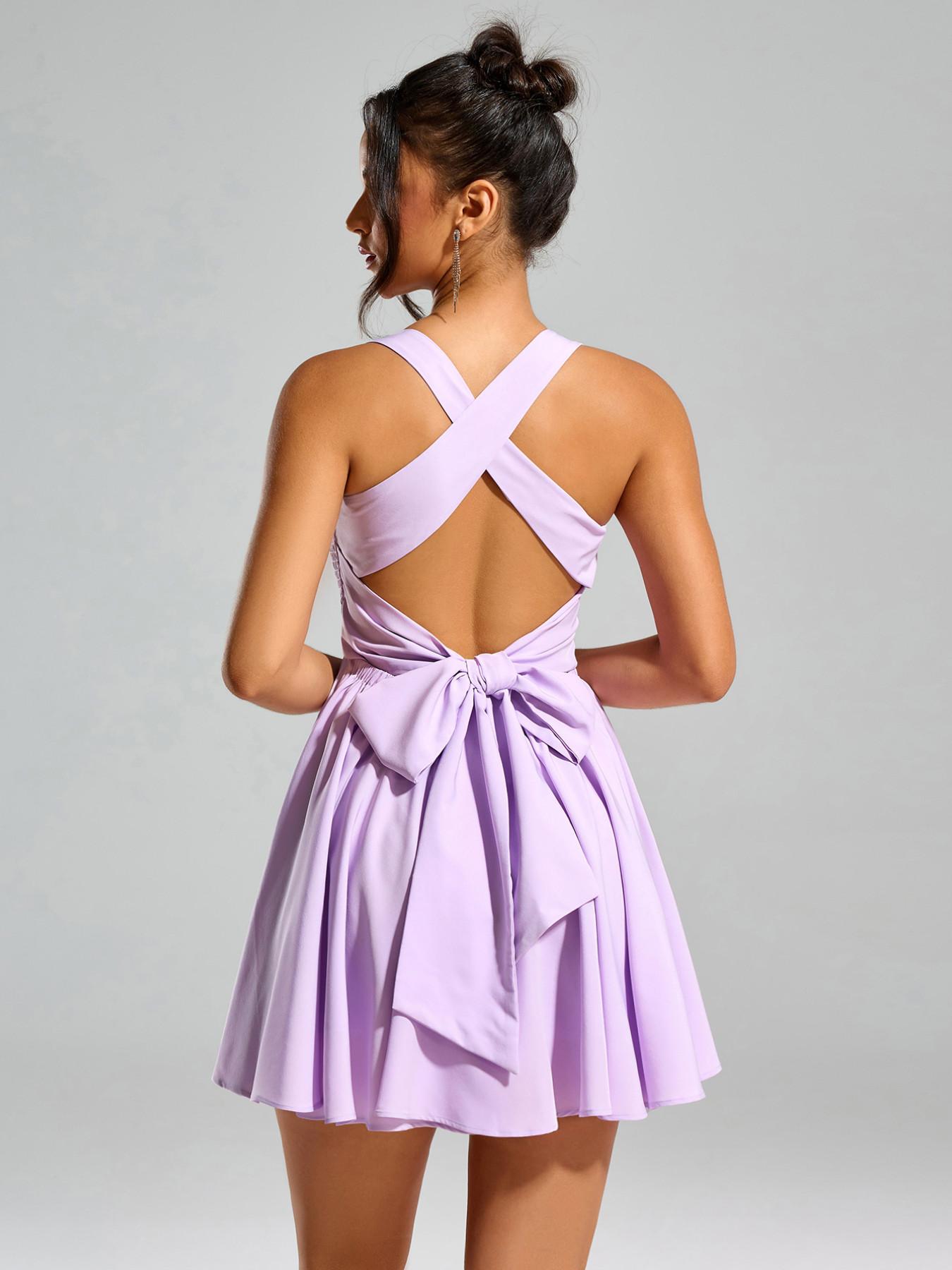 Backless Halter A-Line Dress, Back Cross Tie Hollow Out Dress, Waist Bow Tie Dress, Perfect for Parties, Dates, Daily Wear