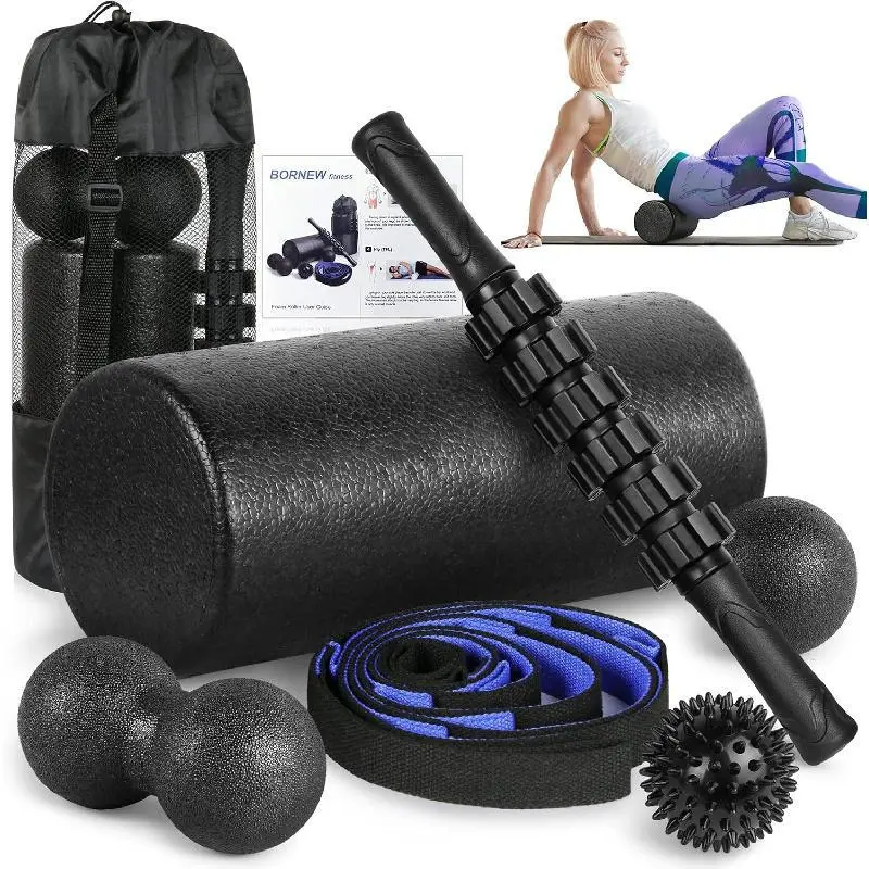 Foam Roller Set - High Density Back Roller, Muscle Roller Stick,2 Foot Fasciitis Ball, Stretching Strap, Massager Ball for Whole Body Physical Therapy & Exercise, Yoga, Back Pain, Leg, Deep Tissue