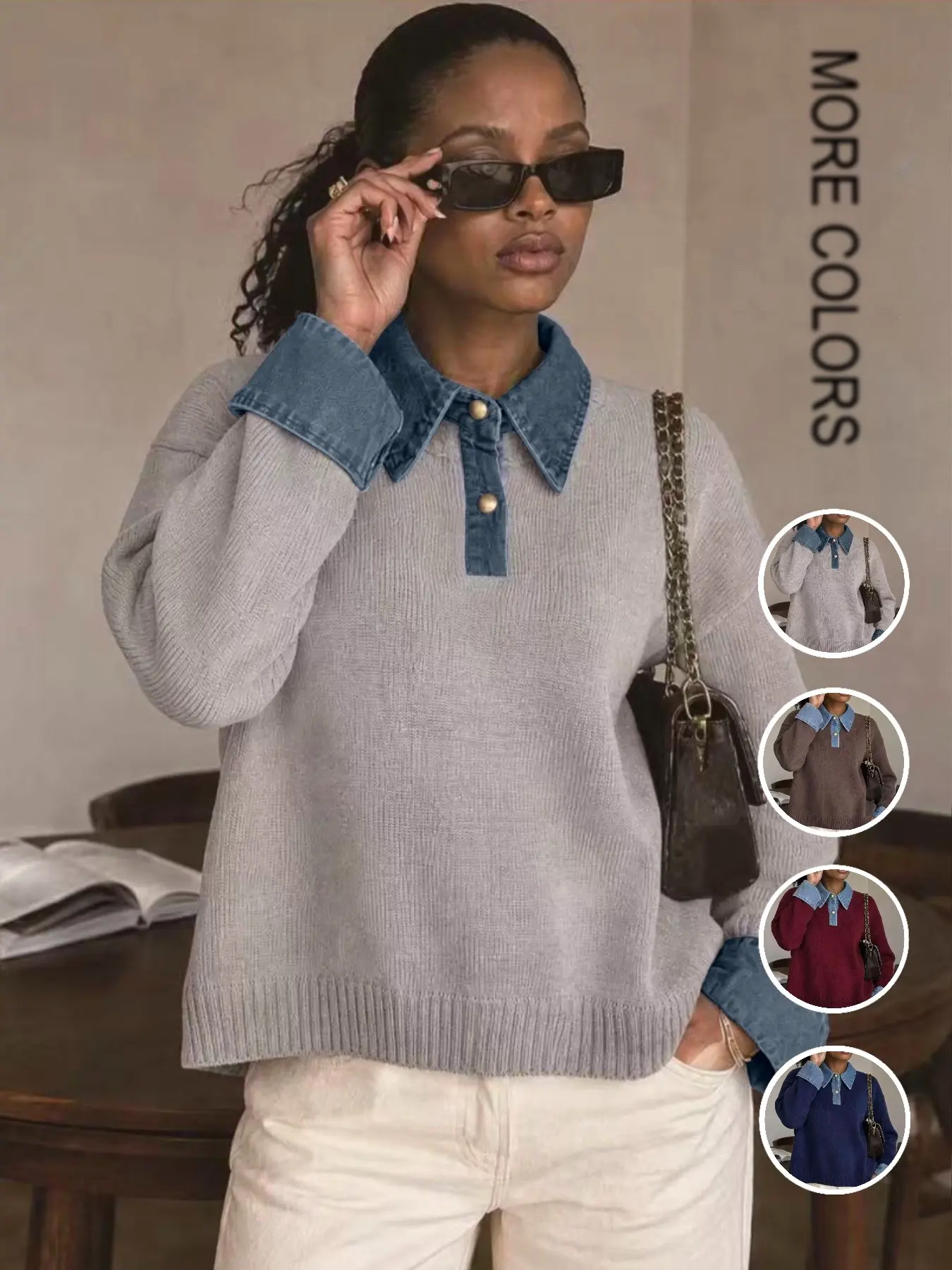 Fall Winter New Fashion Denim Patchwork Knit Sweater Women, Unique Design Colorblock Denim Collar Polo, Loose Fit Oversized Casual Long Sleeve Top