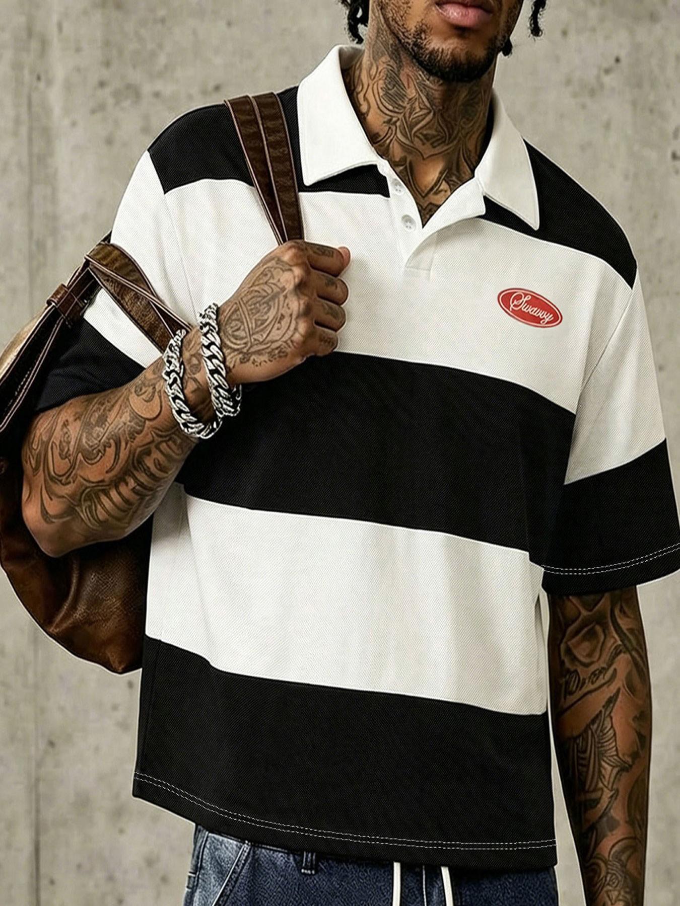 Men's American-Style Wide-Striped Collared Polo Shirts, Summer Short Loose-Fit Top, Casual Collar Streetwear