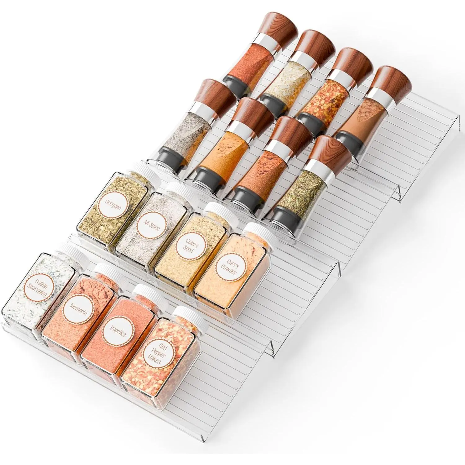 4 Pack Adjustable Narrow Spice Rack for Drawer - Expandable From 9" to 17.7" - Acrylic Drawer Seasoning Organizer,Tiered Clear Spice Tray for Spices,Condiment,Nail Polish and Jar Organization