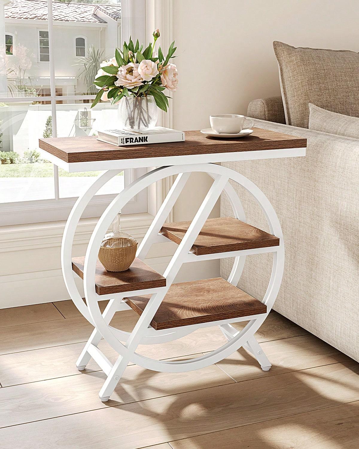 4-Tier End Table for Living Room, Narrow Side Table with Storage, Rustic Brown Wood Sofa Table with Metal Frame, Industrial Nightstand & Bedside Table for Bedroom, Space-Saving Storage Organizer