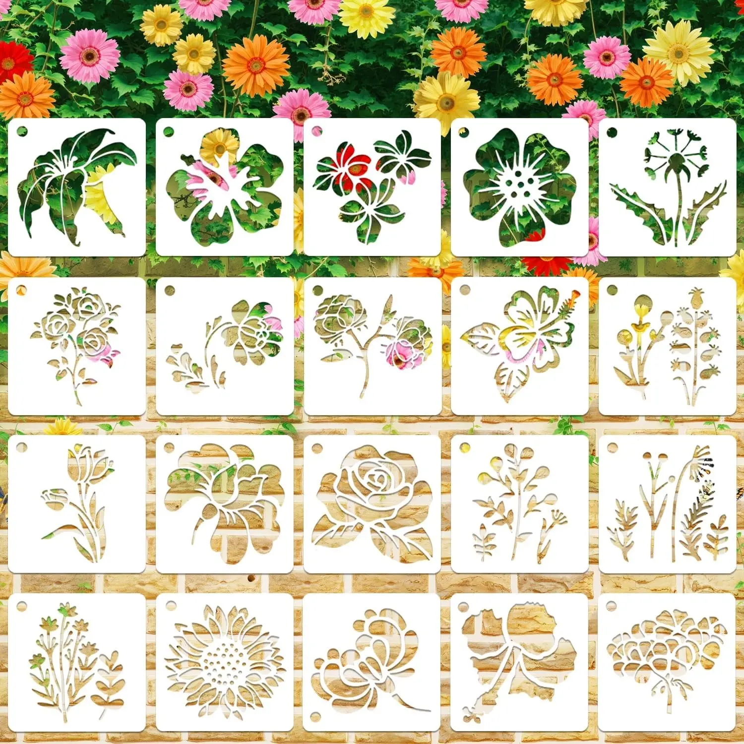 20 PCS 3 Inch Flower Stencils, Large Flower Plant Reusable Plastic Templates for Painting on Wood, Sunflower Rose Stencils Set for Rock Wood Canvas Drawing Art Fabric Tile Home DIY Craft Decoration