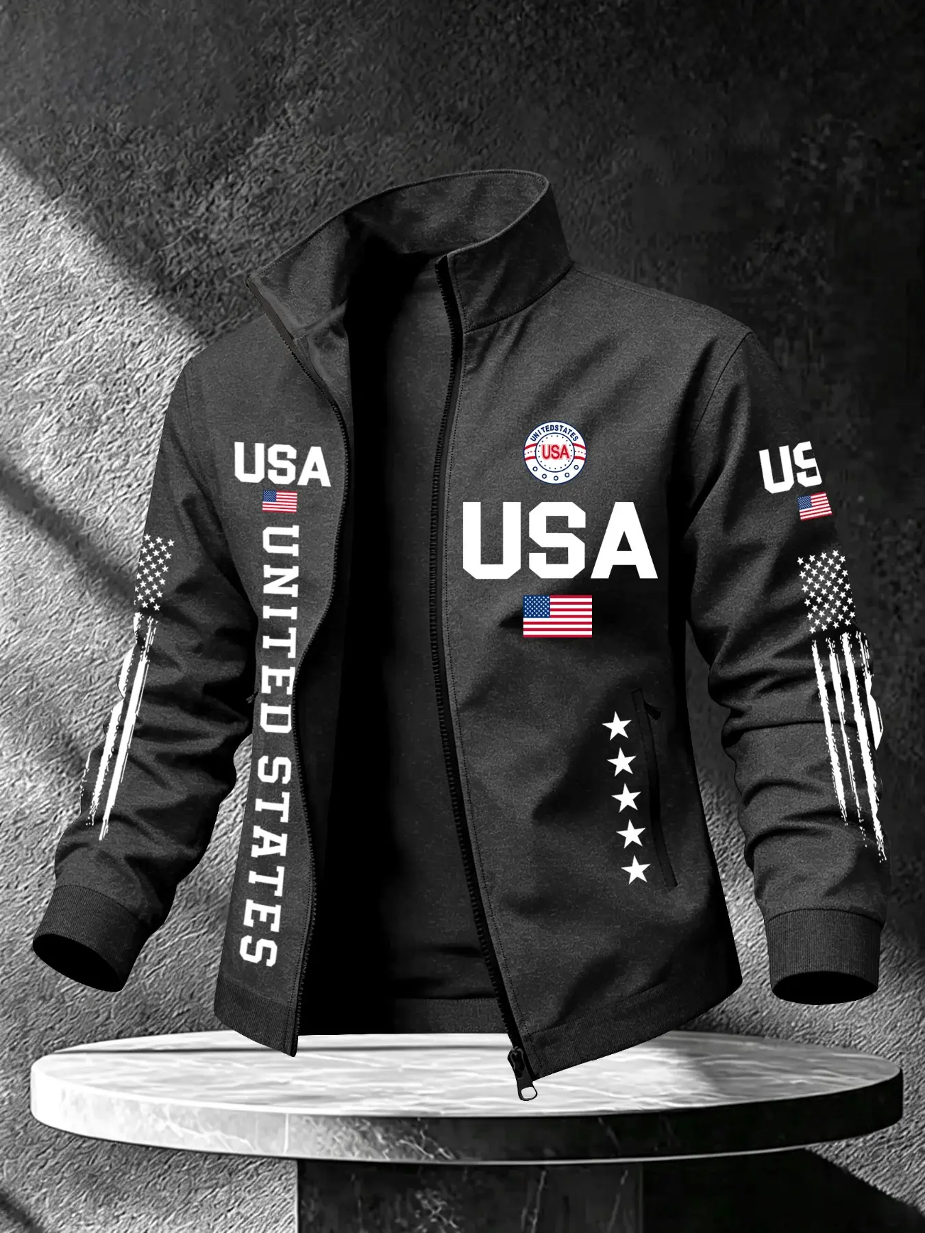 Men's Stand Collar Usa Letter Flag Print Jacket, Zipper Closure, Casual Comfortable Outerwear, Suitable for Various Occasions