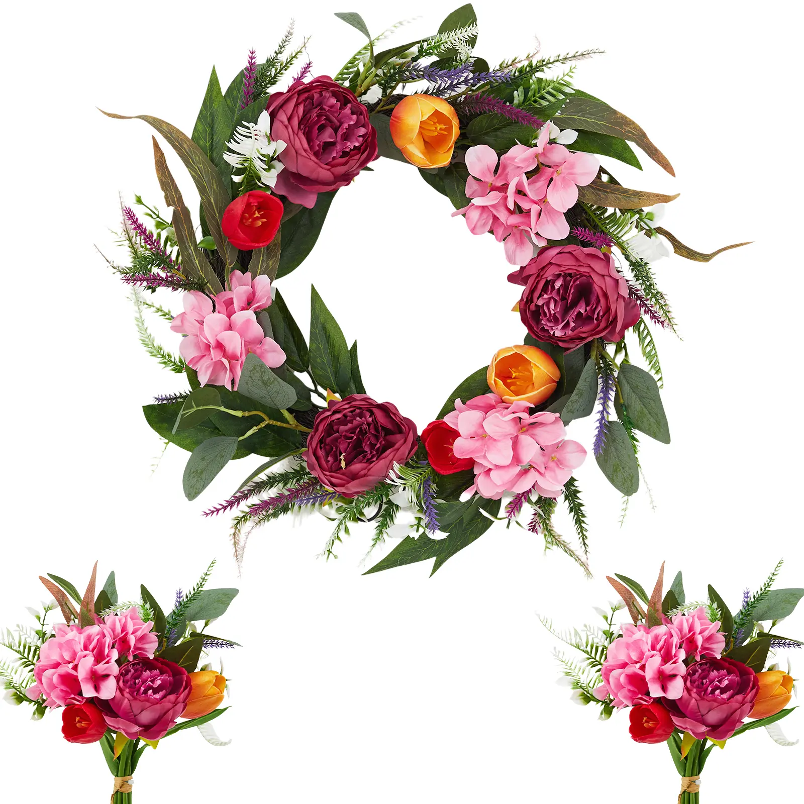 22" Peony and Tulip Summer Wreath for Front Door, Silk Floral Decor with 2 Matching Bouquets, Artificial Spring Wreath for Indoor Outdoor