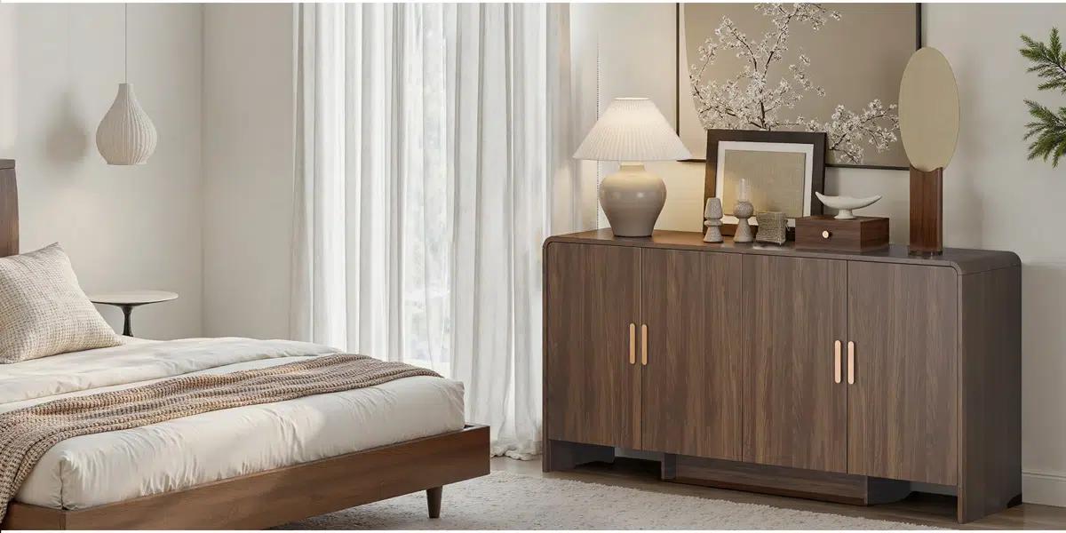 【SPOTLIGHT DAY】ONBRILL 60” Sideboard Curved Cabinet With 4 Doors, Living Room Furniture, Dining Room Furniture