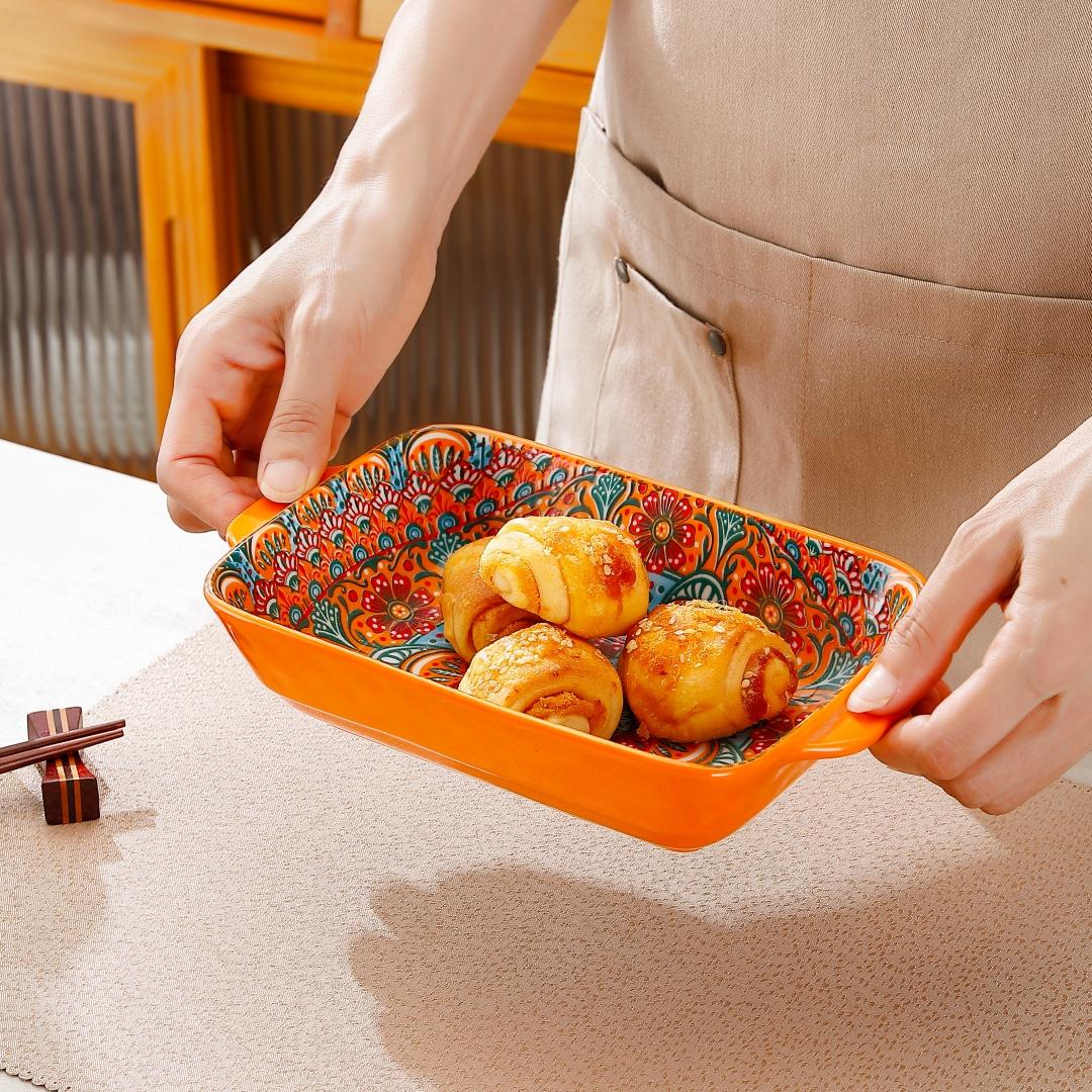 3-Piece Rectangular Serving Plate Set with Dual Handles, Microwave & Oven Safe, Ideal for Home Kitchen Dining Room, Dishwasher Safe Tableware