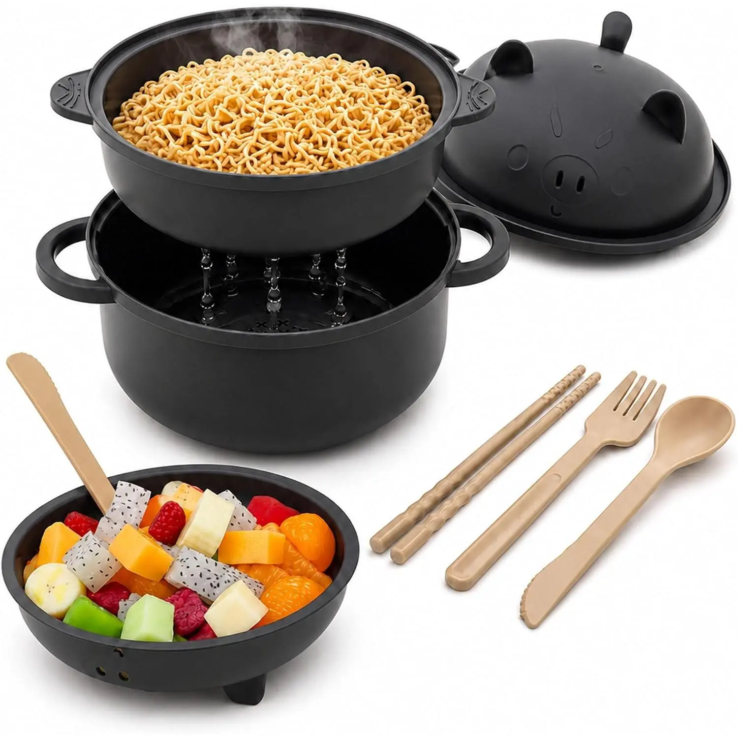 Nifogo Stylish Wheat Straw Cartoon Pig Ramen Noodle Bowl Set - 43oz(1300ml) Microwave-Safe Ramen Cooker with Strainer Lid, Handle, Spoon, Fork, Chopsticks, Stackable Bowls - Camp Kitchen Ware for Home,Camping Use