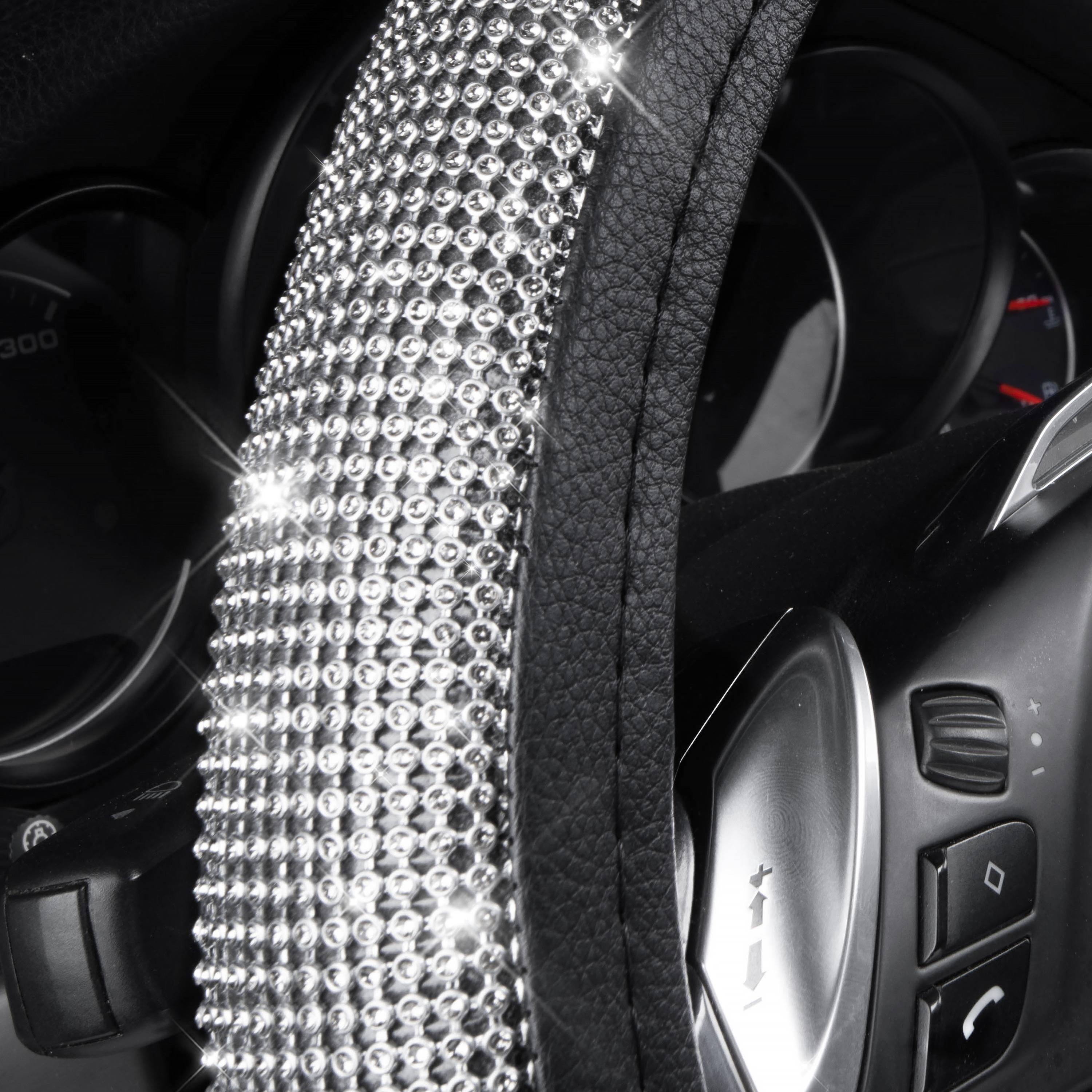 CAR PASS Bling Diamond Leather Steering Wheel Cover,with Sparkly Crystal Glitter Rhinestones Universal Fit 14" 1/2-15"Women Girl Fit Suvs,Vans,Sedans