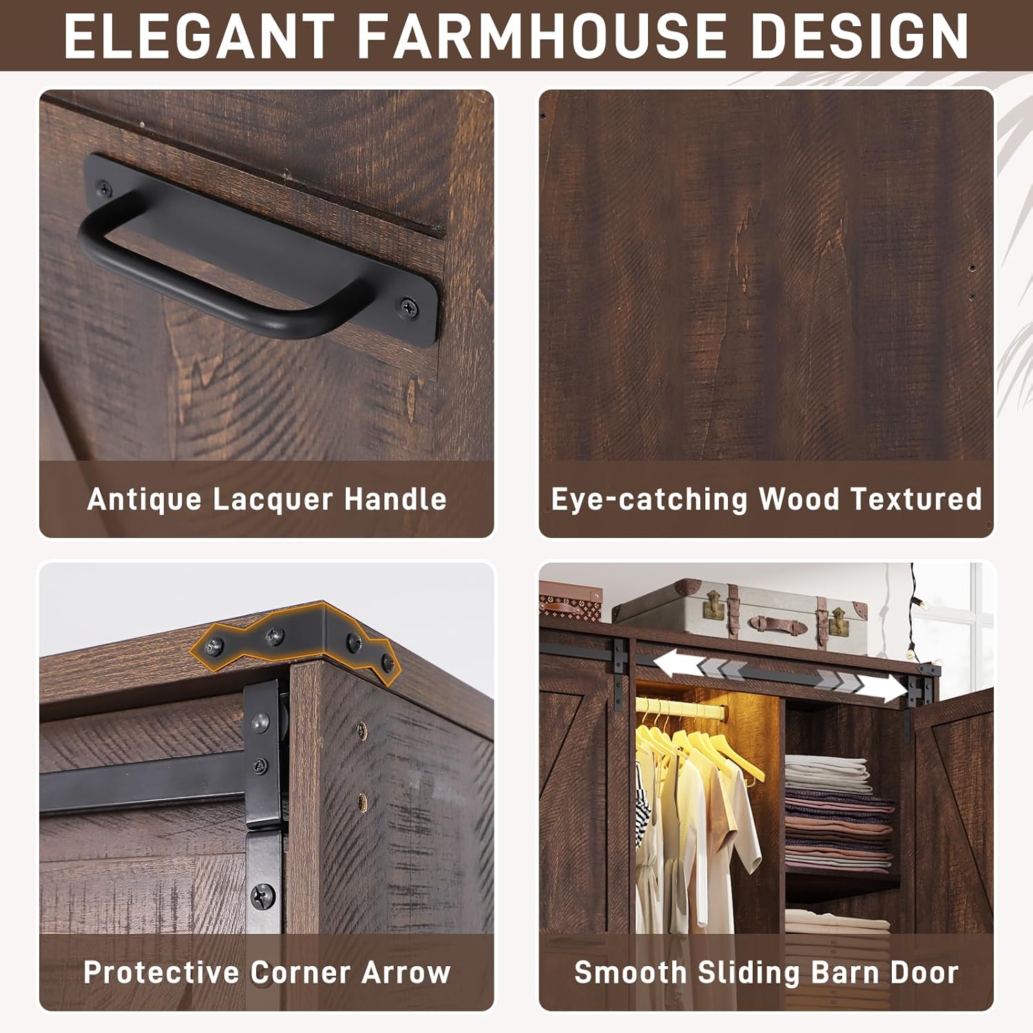 Farmhouse 6 Doors/4 Doors/3 Doors Armoire Wardrobe Closet w/Folding Sliding Barn Door and Lights, LED Armoire Closet w/Drawers for Bedroom, Freestanding Wooden Wardrobe Storage Closets w/Hanging Rod (Antique White/Rustic Brown/Black) Farmhouse 6 Doors/4 Doors/3 Doors Armoire Wardrobe Closet w/Folding Sliding Barn Door and Lights, LED Armoire Closet w/Drawers for Bedroom, Freestanding Wooden Wardrobe Storage Closets w/Hanging Rod (Antique White/Rustic Brown/Black)