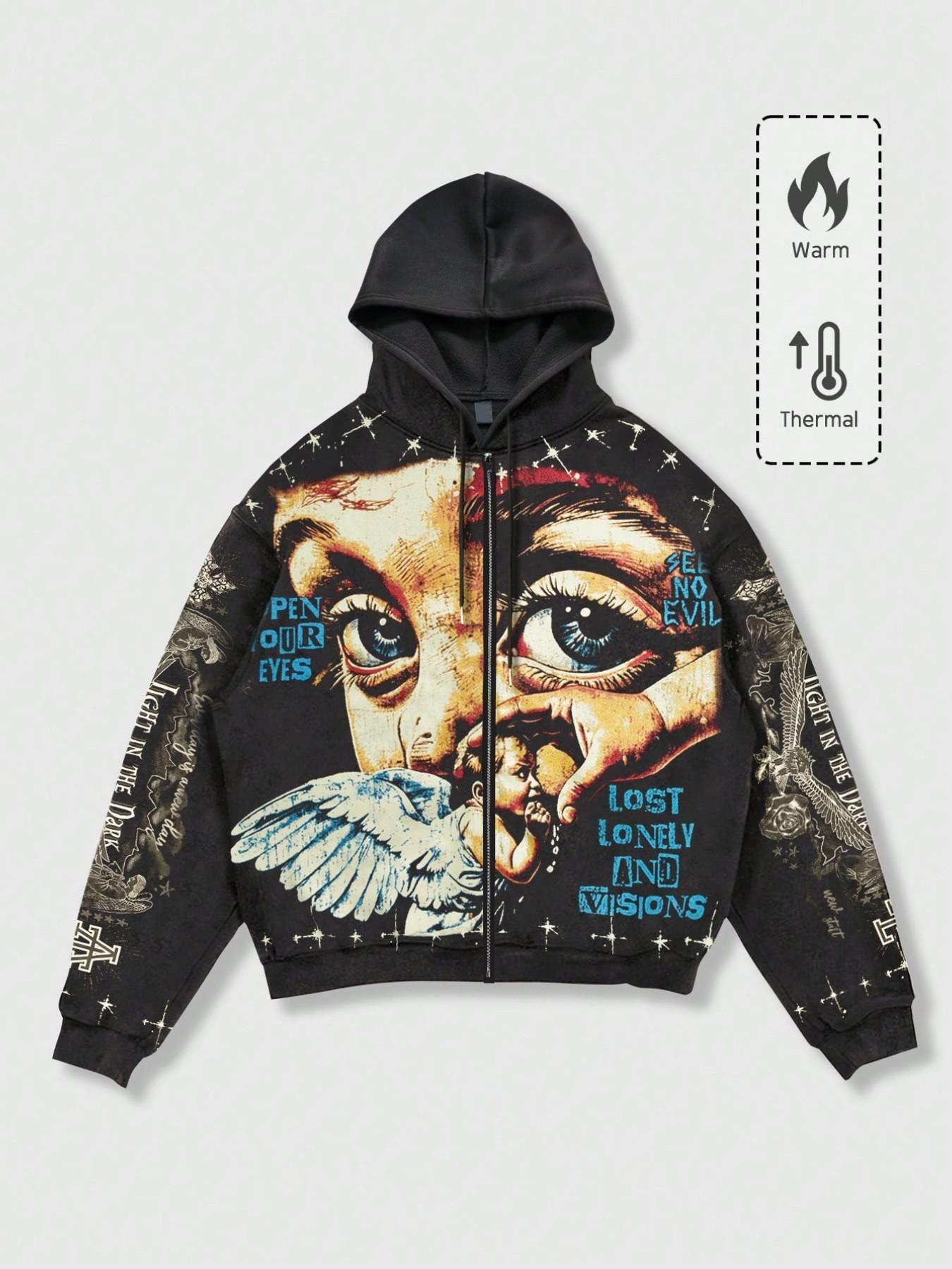 Vintage Graphite Zip-Up Hoodie Angel Print, Casual Print Hoodie, Unisex Loose-Fit Long Sleeve Sweatshirt, Street Style Fall Winter Fashion, Warm, Thermal and Trendy