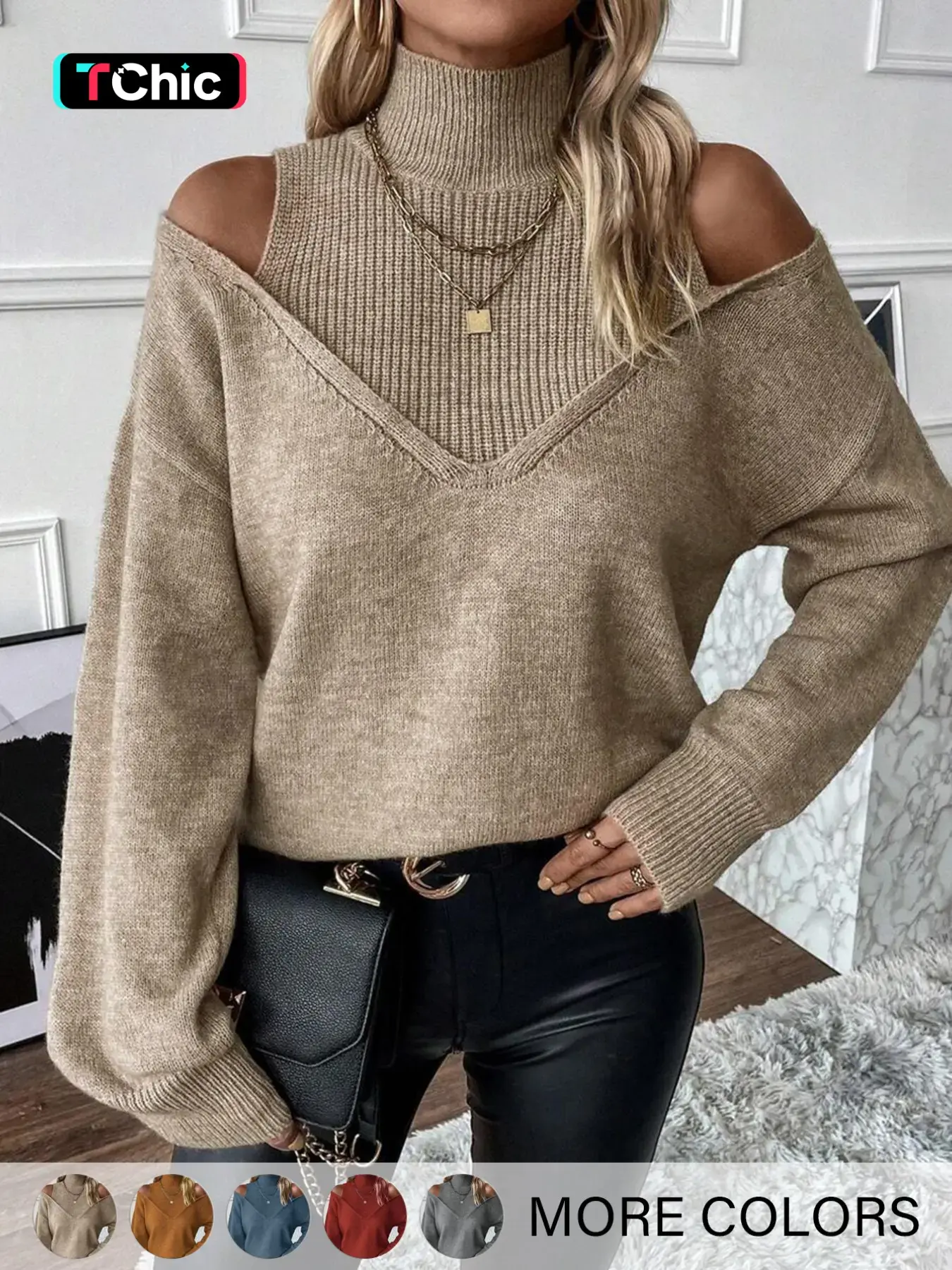 Women's Plain Fitted Cut Out High Neck Turtleneck Sweater, Casual Drop Shoulder Long Sleeve Jumper for Fall & Winter, Fashion Ladies' Knitwear for Daily Wear, Womenswear, Lightweight Knit Sweater