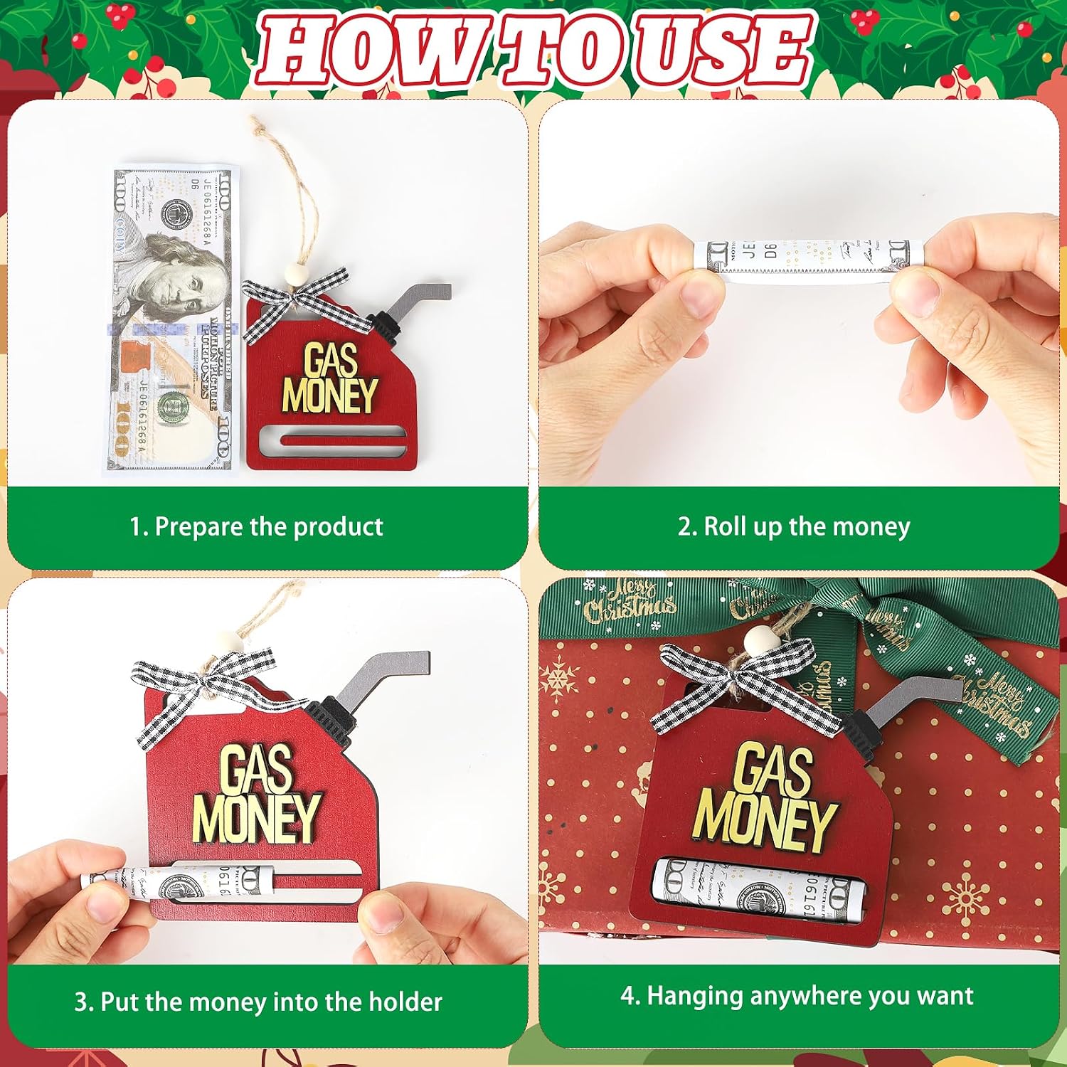 Gas Money Ornament Holds Cash,Wooden Gas Can Ornament Money Holder, Funny Ways to Cash Holder for Drivers, Teens, Holiday Gag Gift Decoration