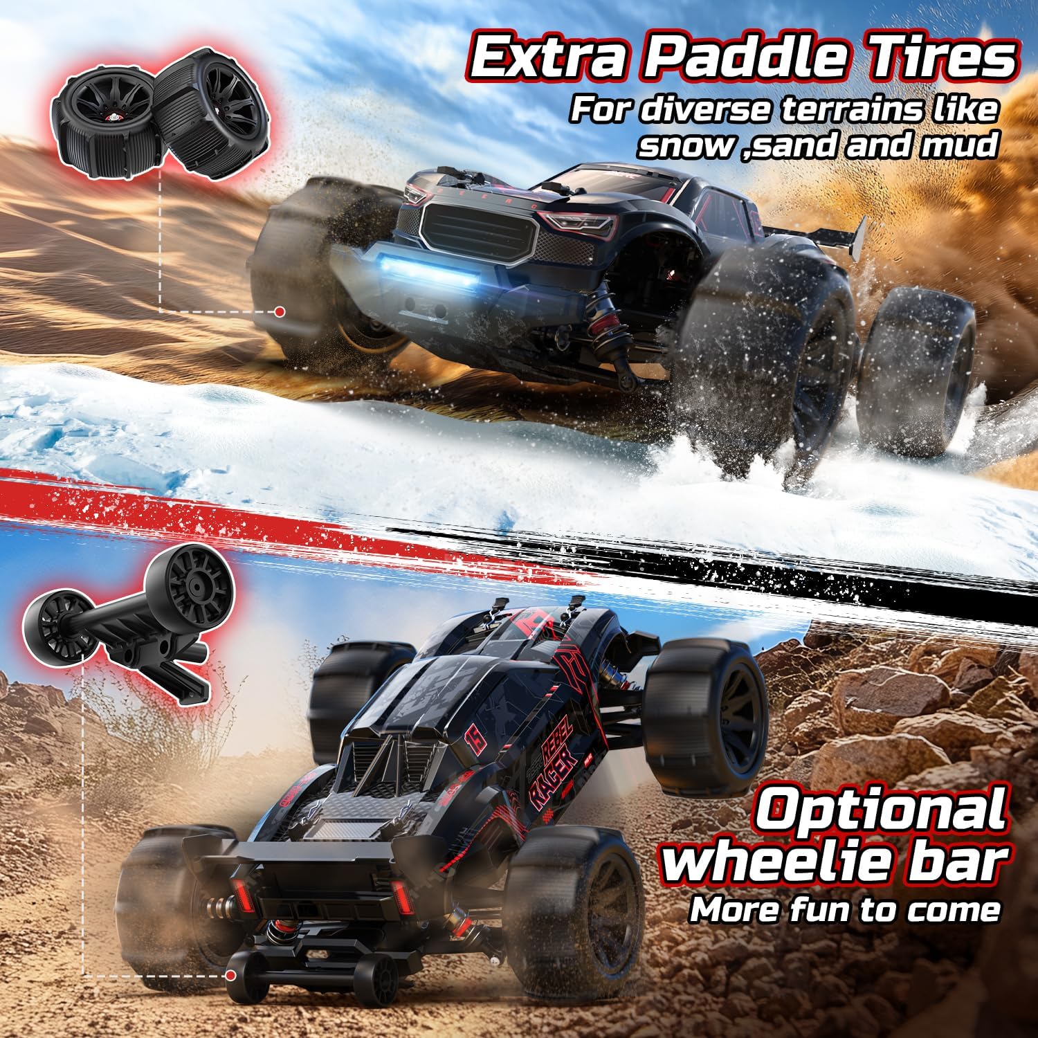 DEERC 1:14 Fast Brushless RC Car, 46+ MPH Off-Road 4WD Truck, 2*3S Lipo Waterproof High-Speed RC Truggy, 7 Lighting Modes, All-Terrain for Snow, Sand & Mud