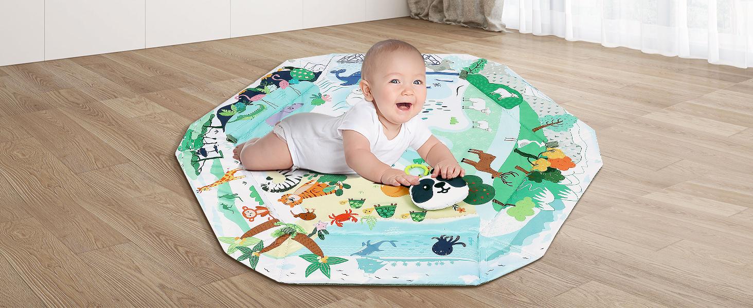 4-in-1 Tummy Time Mat Baby Activity Play Mat with 6 Infant Learning Sensory Toys for Floor Toddler Motor Skill Development Babies Ball Pit 18 Ocean Balls Cute