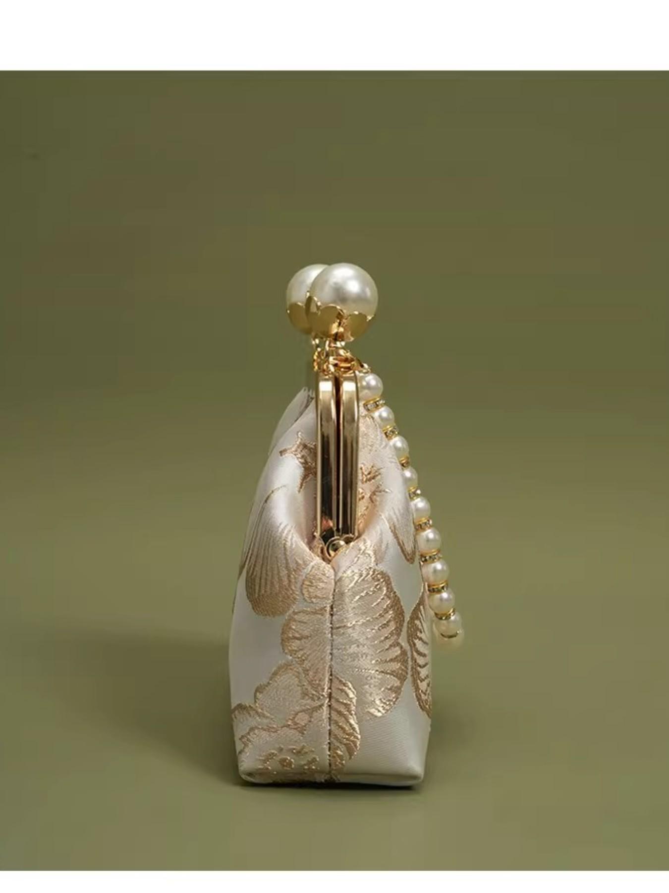 Elegant Embroidered Clutch Bag for Women, Vintage Evening Bag with Pearl Chain and Ginkgo Pattern, Perfect for Weddings and Parties