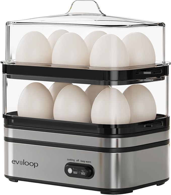 EVOLOOP Rapid Egg Cooker Electric 12 Eggs Capacity, Soft, Medium, Hard Boiled, Poached, Omelet Maker Egg Poacher & Vegetable Steamer, BPA Free Tray
