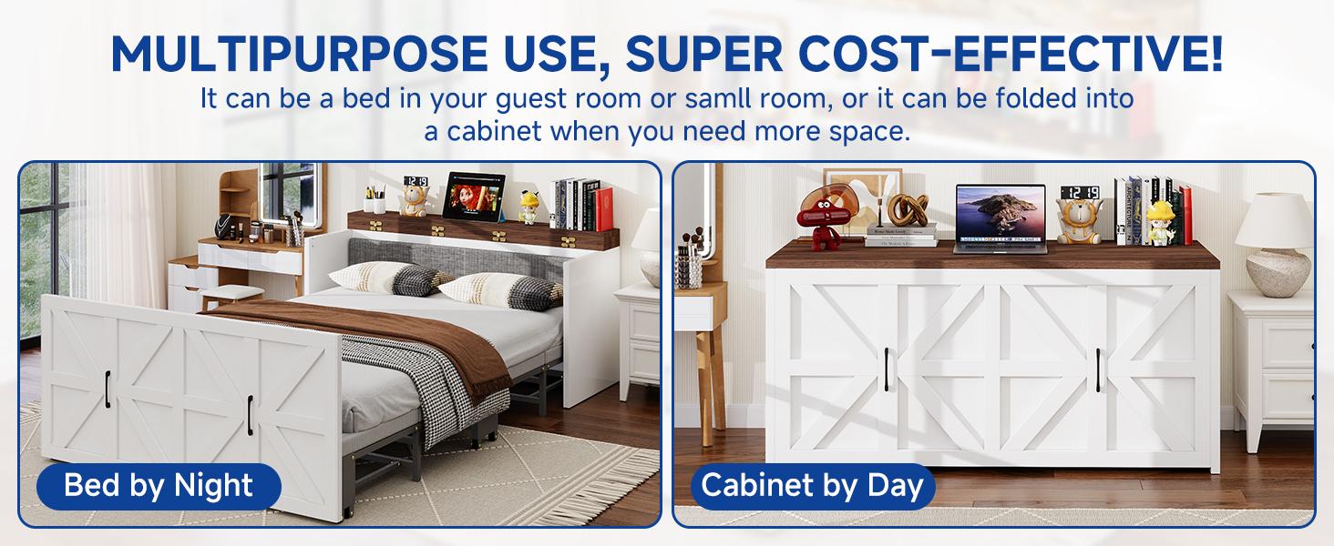 Lilypelle 2-in-1 Murphy Cabinet Bed – Farmhouse Hideaway Foldable Platform Bed for Guest Room, Bedroom, or Home Office, Up to 650 Lbs Lilypelle 2-in-1 Murphy Cabinet Bed – Farmhouse Hideaway Foldable Platform Bed for Guest Room, Bedroom, or Home Office, Up to 650 Lbs