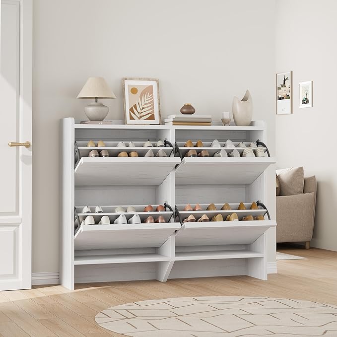 Shoe Cabinet with 4 Flip Drawers Wooden Shoe Organizer Cabinet with Adjustable Shelf Shoe Storage for Entryway Hidden Shoe Cabinet for Hallway, Living Room