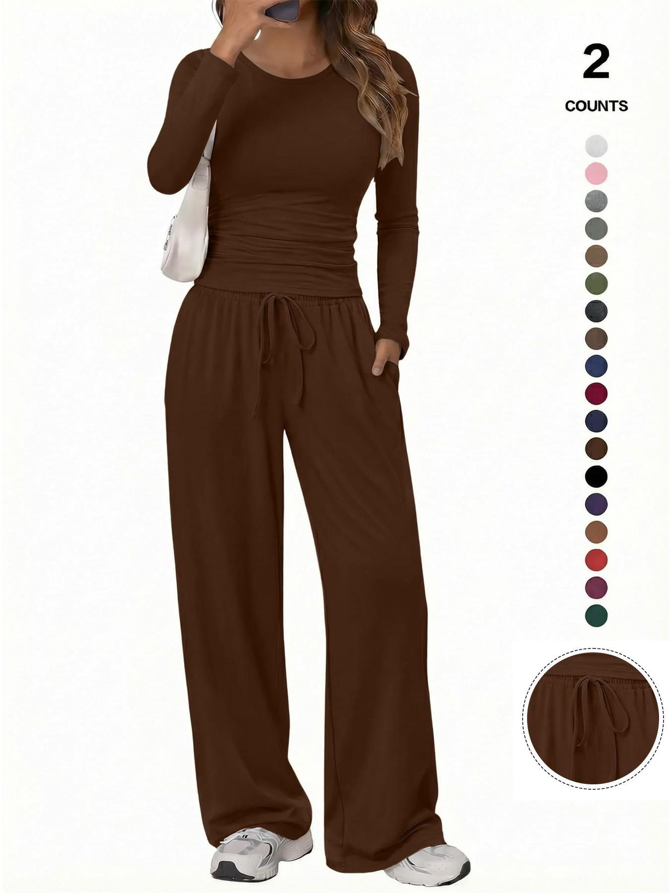 Women's Solid Ruched Drawstring Loungewear Set, Casual Long Sleeve Round Neck Top & Pocket Wide Leg Trousers, Ladies Sleepwear for All Seasons