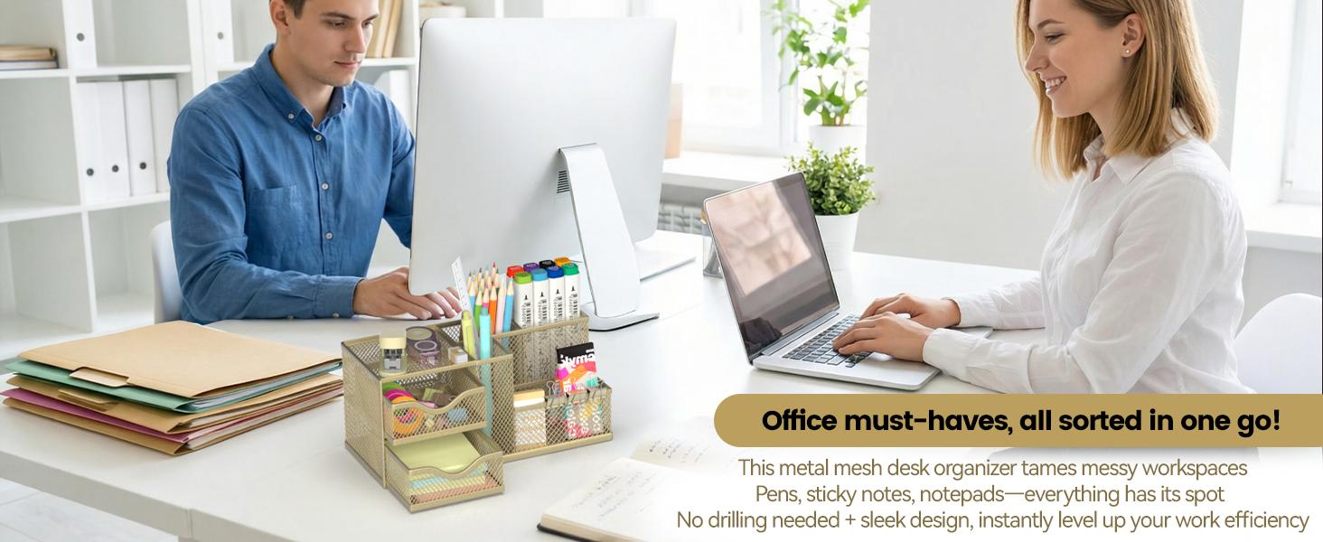 Mesh Desk Organizer, Pen Organizer with 2 Drawers and 5 Compartments, Versatile Pen Holder for Small Space, Desk Organizers and Accessories for School Office Supplies, Gold Mesh Desk Organizer, Pen Organizer with 2 Drawers and 5 Compartments, Versatile Pen Holder for Small Space, Desk Organizers and Accessories for School Office Supplies, Gold