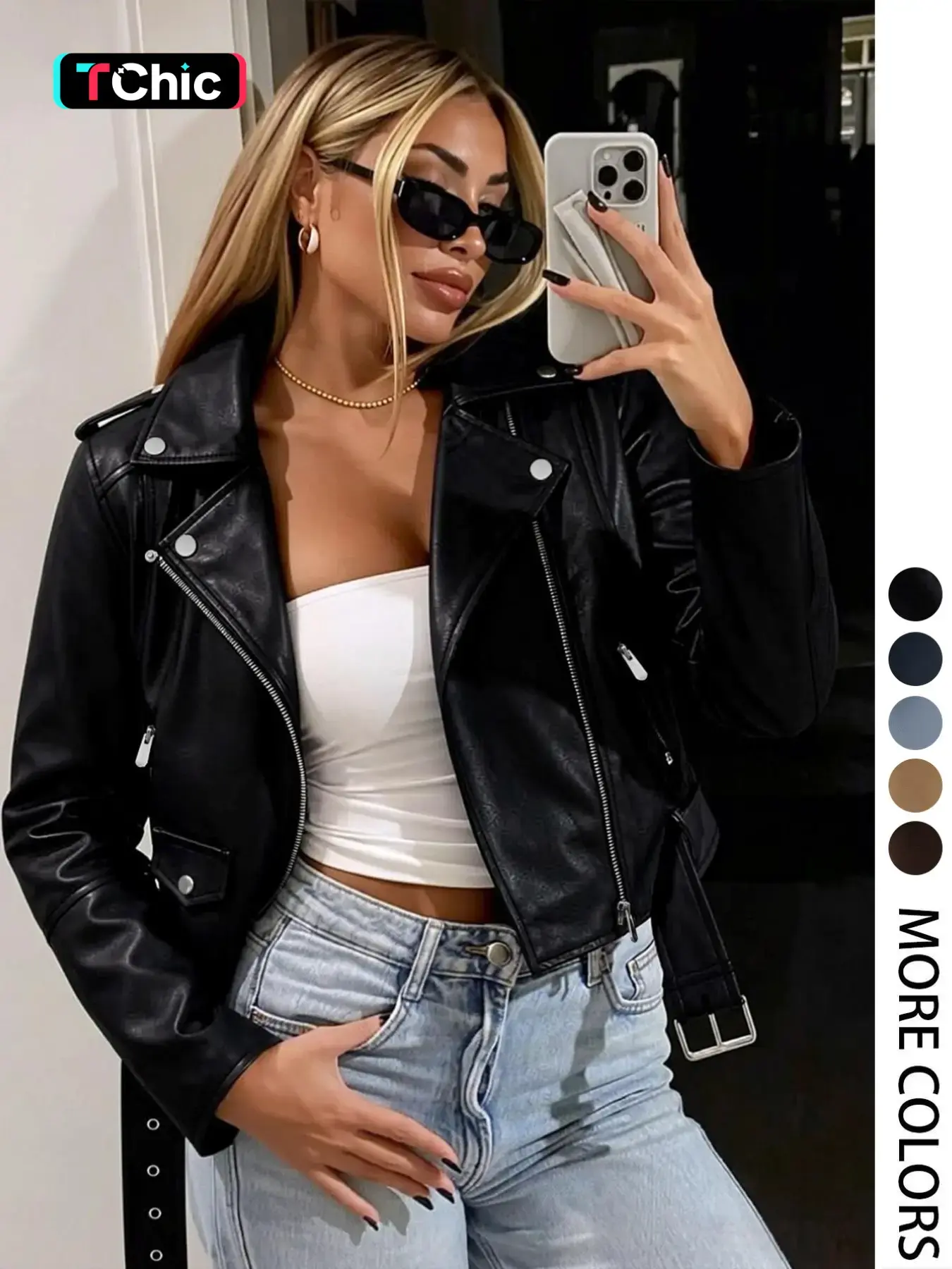 Women's Vintage Street Fashion Zipper Faux PU Jacket with Belt, Fall & Winter Outerwear, Basic Casual Fitted Long Sleeve Lapel Collar Cropped Jacket, Motorcycle-Style Jacket