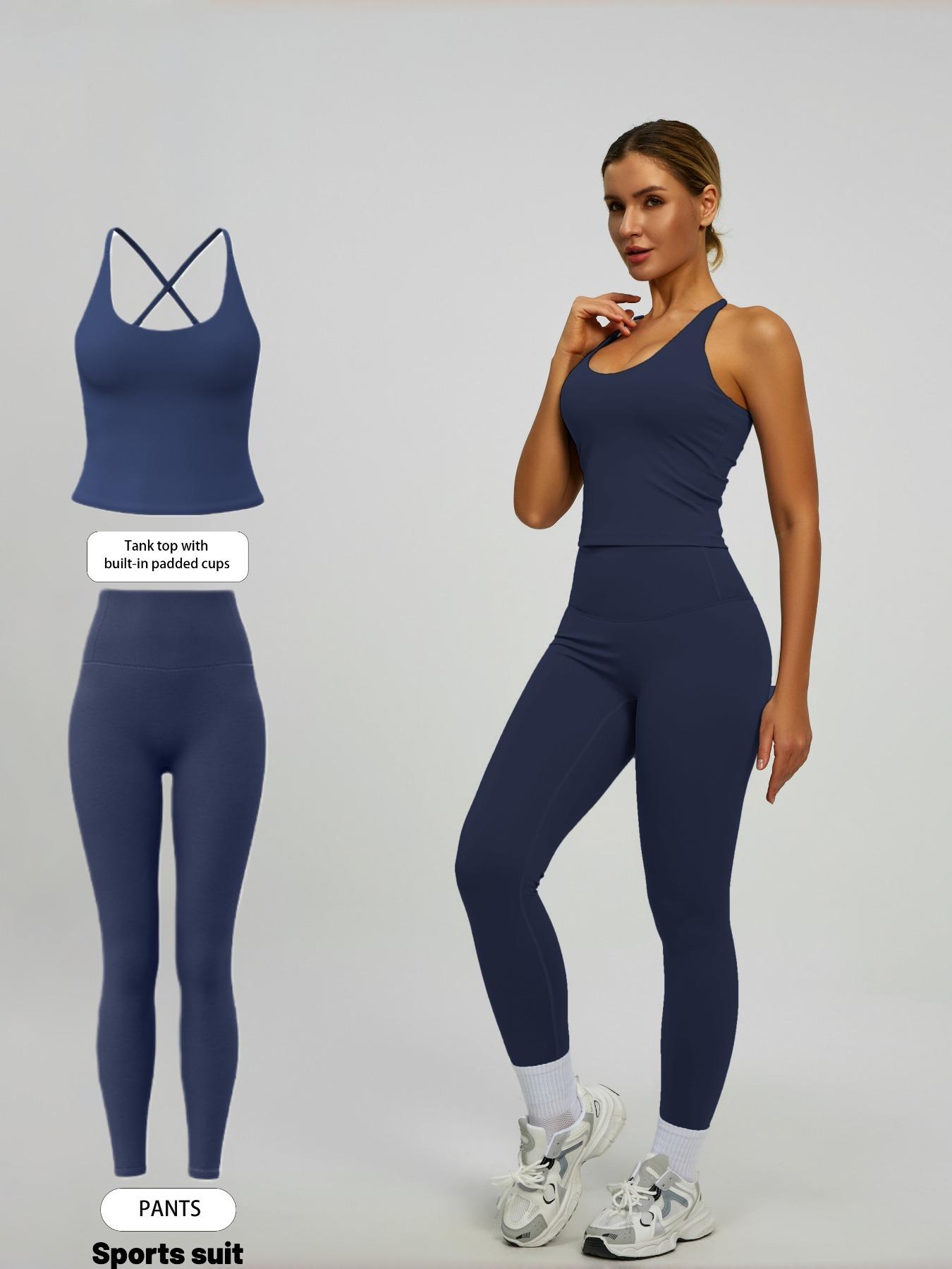 Women's 2-Piece Solid Color Sportswear Set, Sleeveless Backless Tank Top, High Waist Leggings, Slim Fit, Breathable Yoga Gym Outdoor Workout, Stretchable Activewear, Sports Fitness Wear