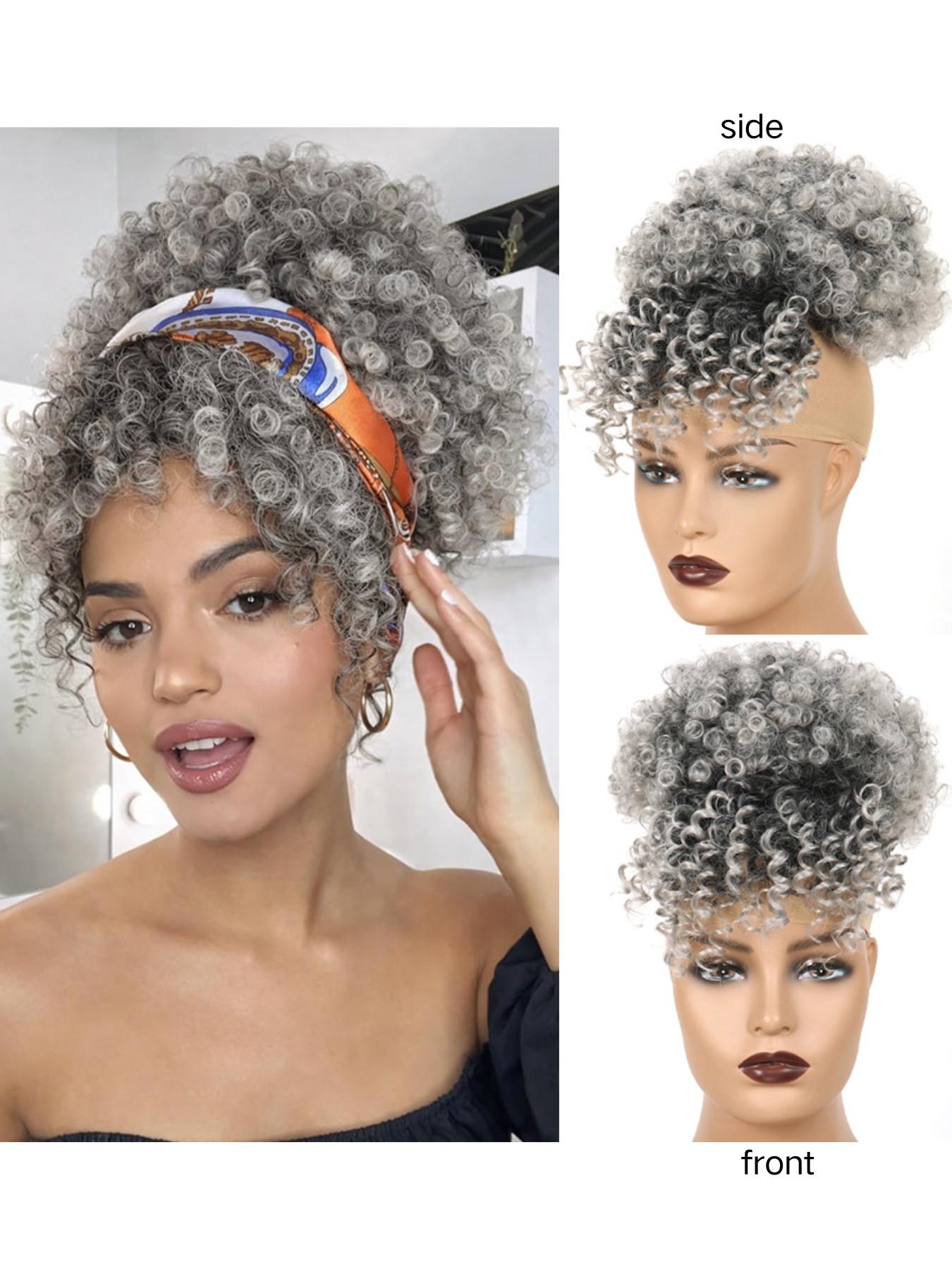 Women Drawstring Hair Bag, African Loose Curl Ponytail Extension, Bangs Flower Braid Style, High Crown Heat Resistant Fiber Wig Piece