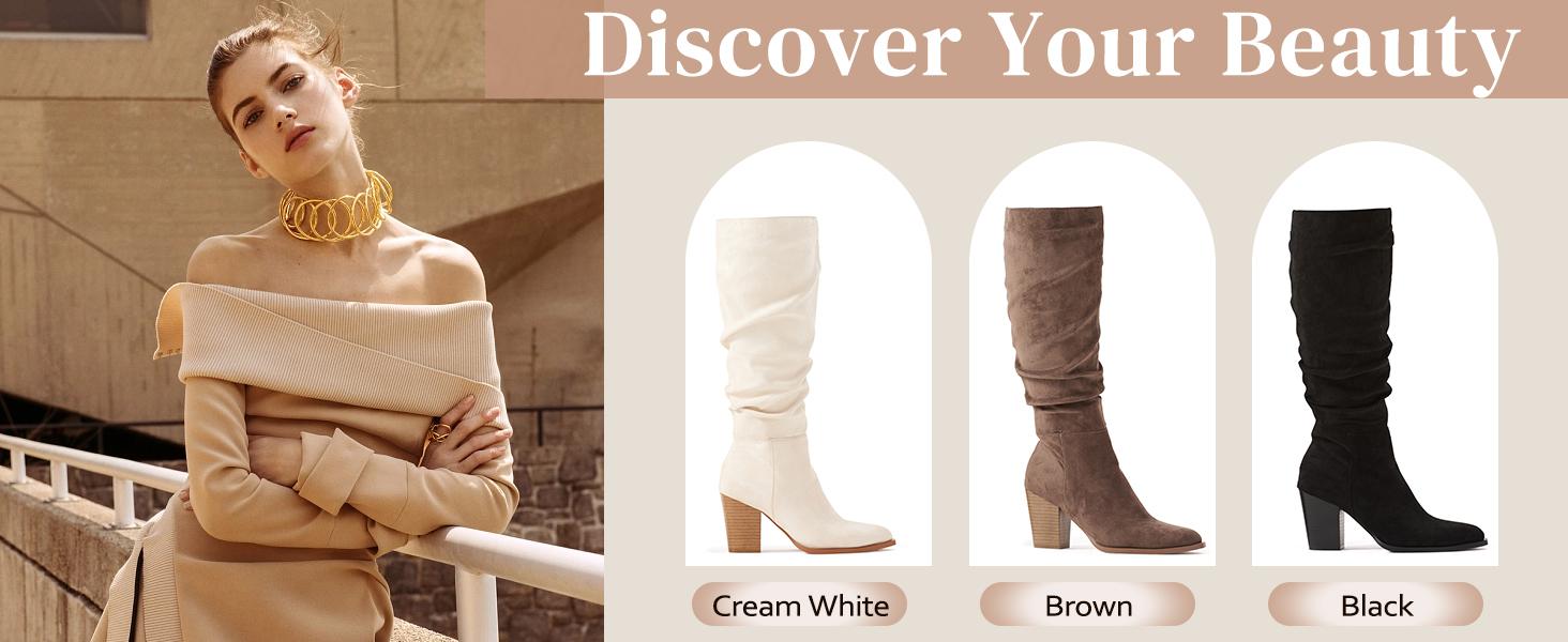 Women's Pointed Toe Knee High Boots Faux Suede Slouch Boots with Chunky Heel