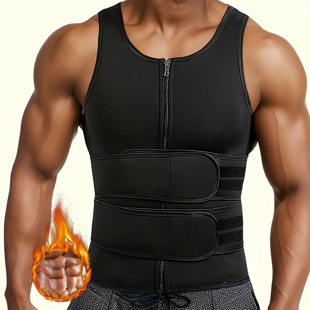Men's Neoprene Zipper Compression Vest - Camo Waist Trainer Tank Top Trimmer Body Shaper with Adjustable Belt, Polyester Activewear for Daily Workouts & Multi-Use Wear