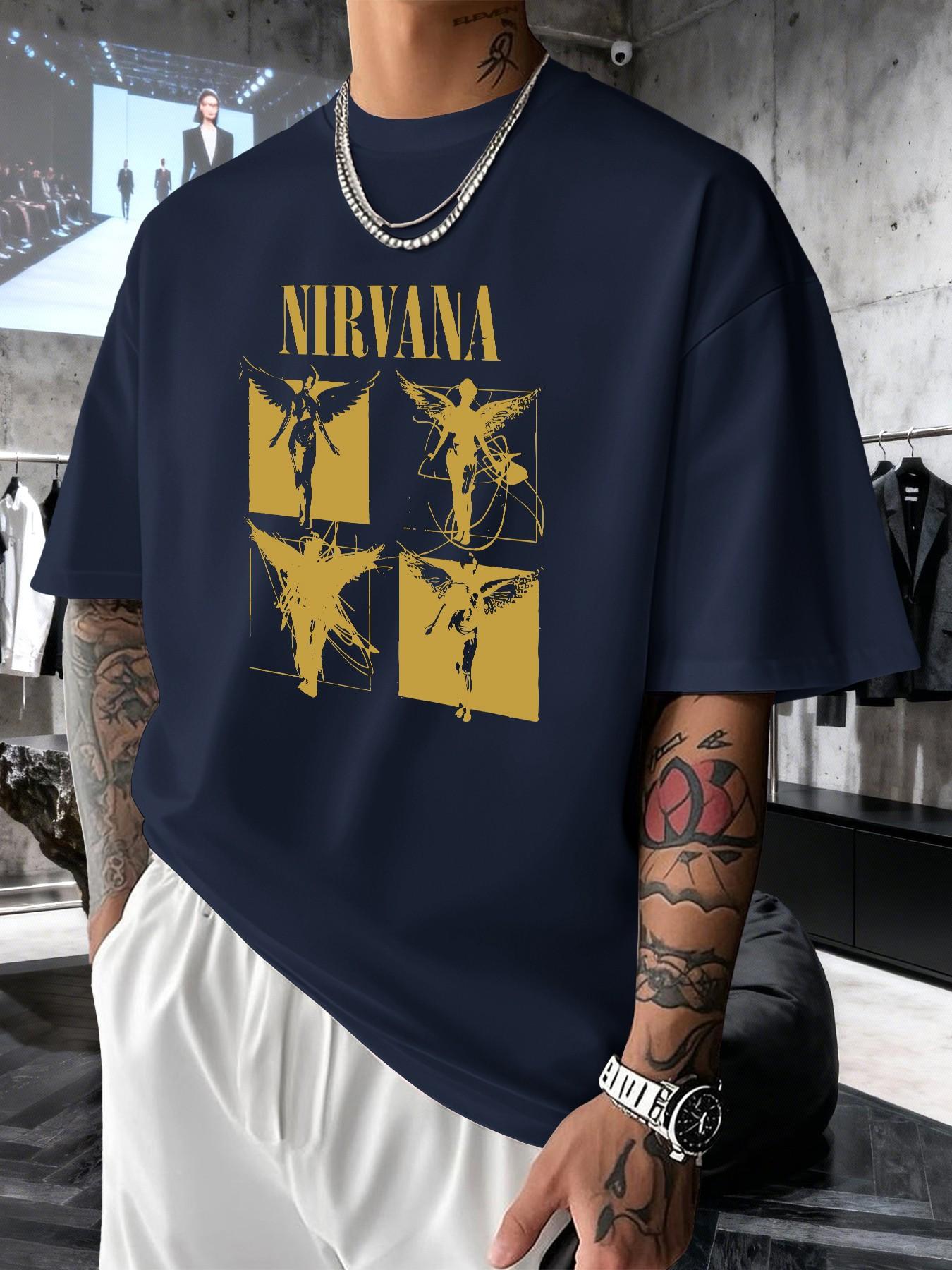 Nirvana Retro Rock Print Men's Fashion T-Shirt, Casual Graphic Short Sleeve Top, Comfortable Round Neck Tee for Spring Summer