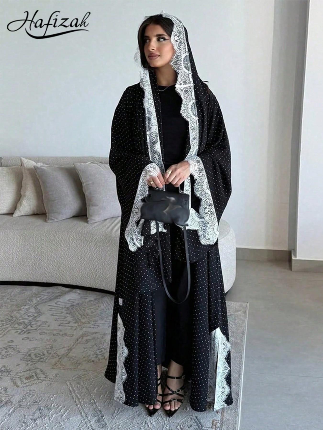 Hafizah Polka Dot Lace Trim Long Cardigan Scarf Set, Loose-Fitting Casual Outerwear for Women, All-Season Plain Design