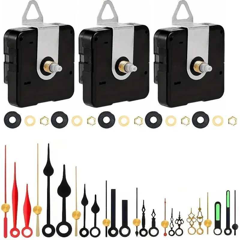 3Pcs Quartz Clock Mechanism Kit, Quiet Sweep Battery-Powered Clock Movement Replacement, Wall Clock Motor Replacement DIY Repair Parts with 8 Set Hands (No Battery)