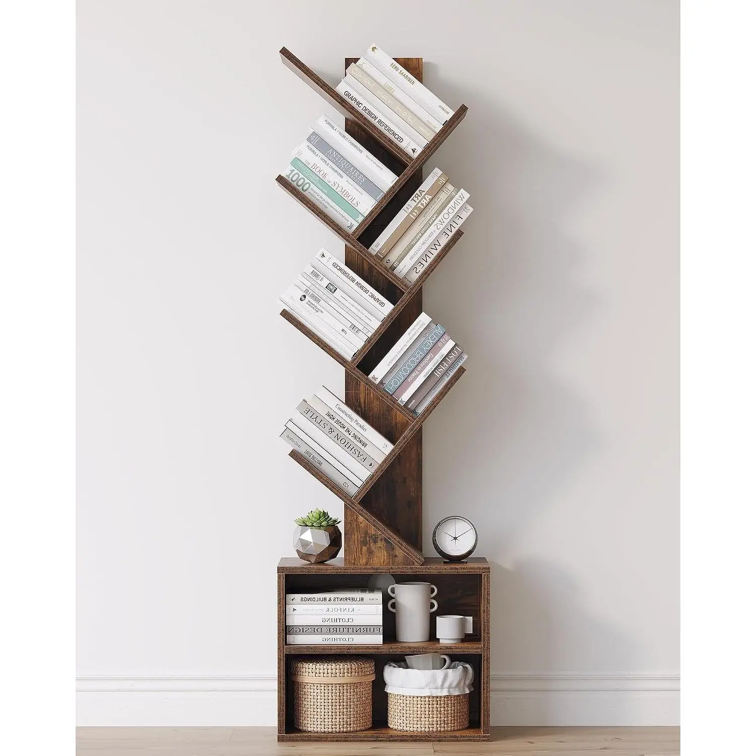 6 Tier Tree Bookshelf, Tall Small Bookcase with Storage Cabinet
