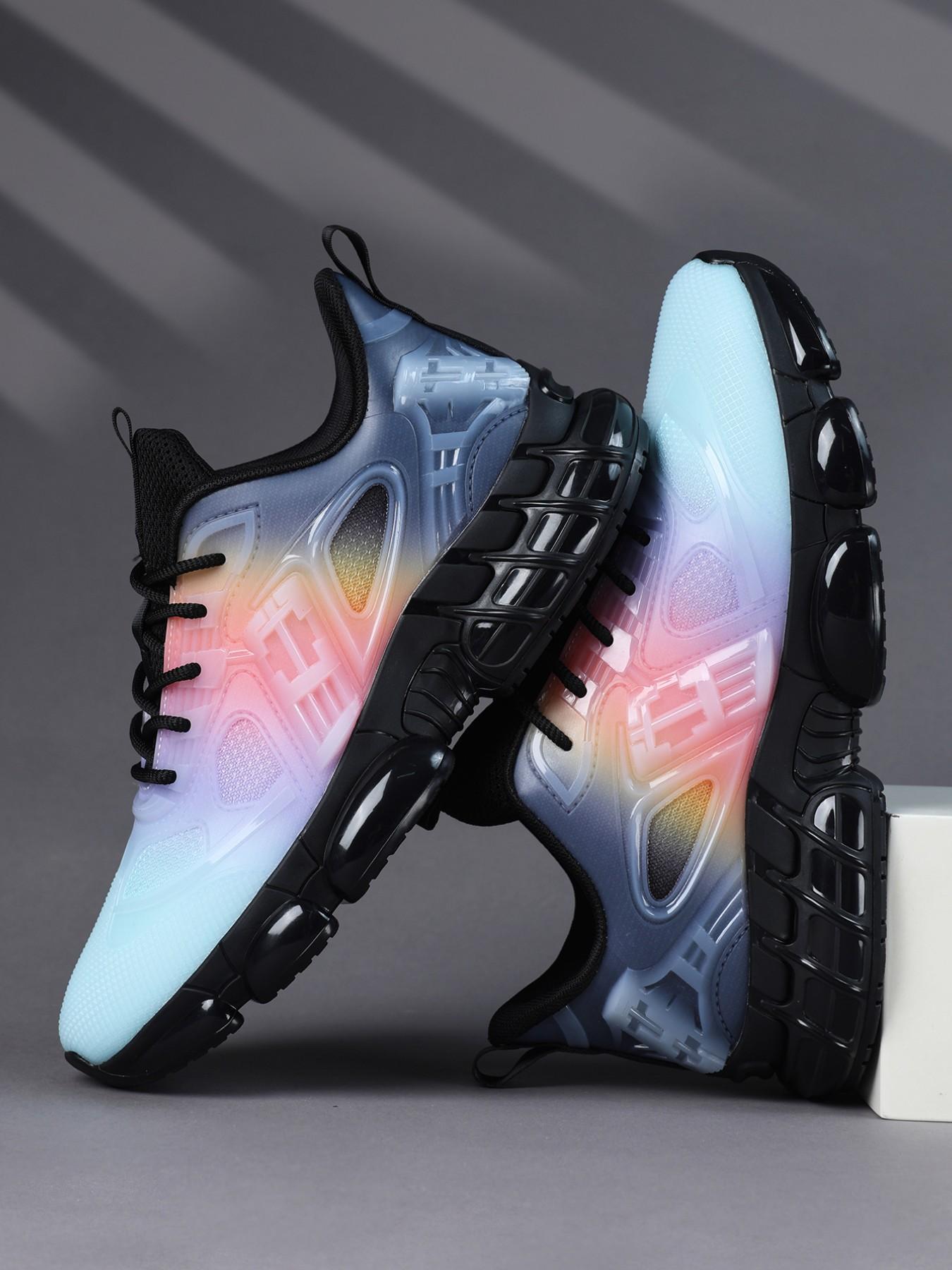 Men's Gradient Future-Style Thick Sole Running Shoes, Breathable Mesh, Semi-Transparent Geometric Overlay, Bubble Cushioning, Sporty Style