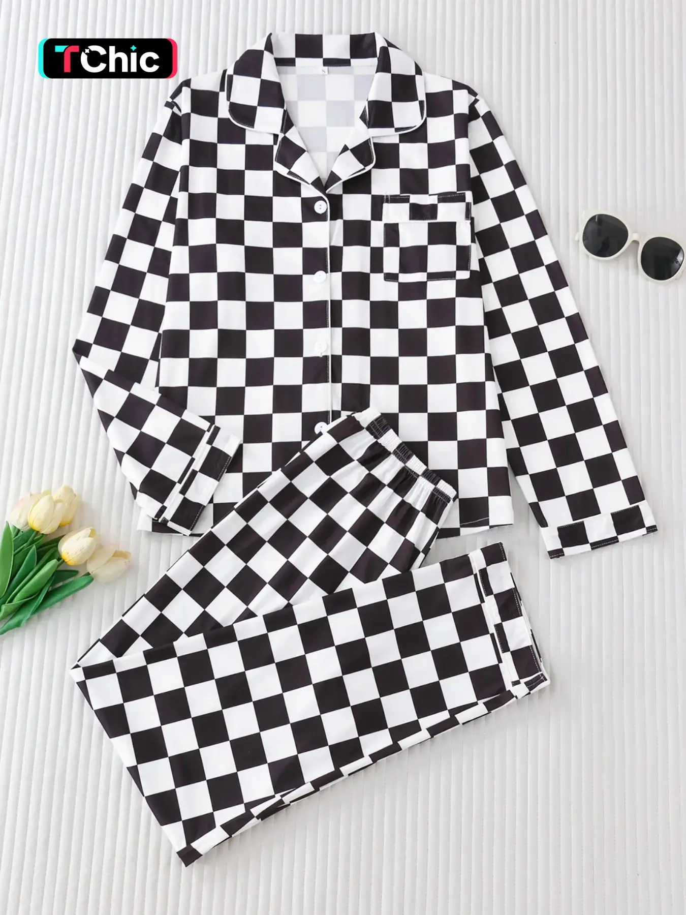 Women's Plaid Sleepwear Set, Plaid Print Pajama Set, Nightwear Lounge Set, Collared Button Long Sleeve & Loose Comfortable Pants, Casual All Seasons Loungewear