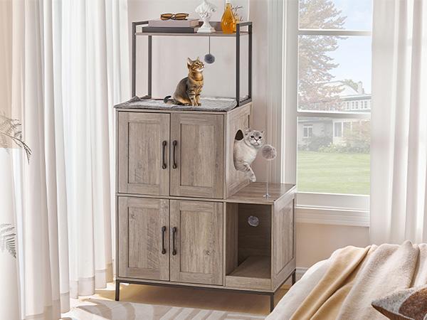 HOOBRO 2 in 1 Hidden Litter Box Furniture with Shelf, Double Litter Box Cabinet with 2 Dangling Plush Balls and 1 Toy Ball, Greige and Black Cat Litter Box Enclosure Furniture #SummerVibes #petlovers
